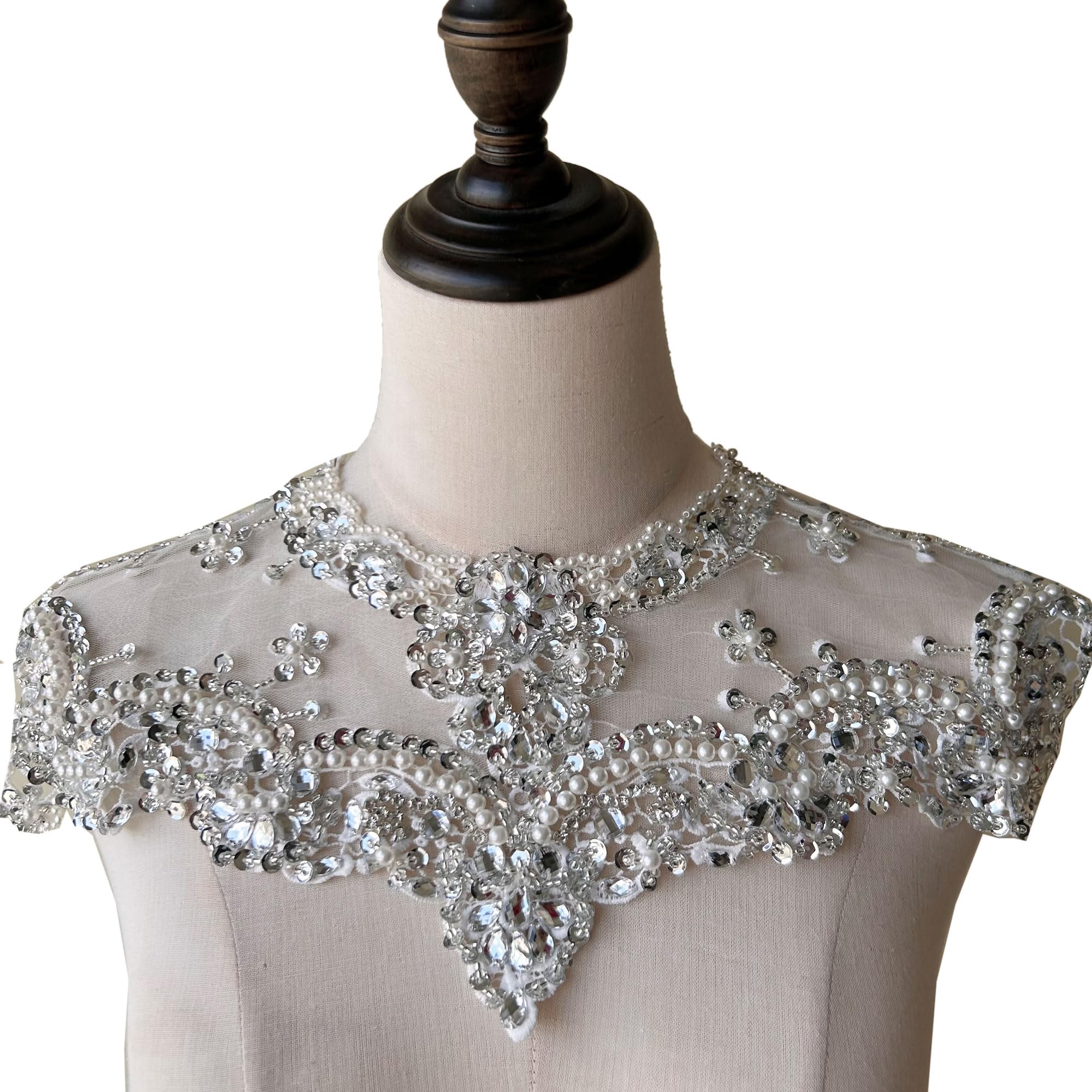 White Beaded Lace Applique Party Dress Shoulder Applique Sparkling Accents for Wedding Prom : Arts, Crafts & Sewing