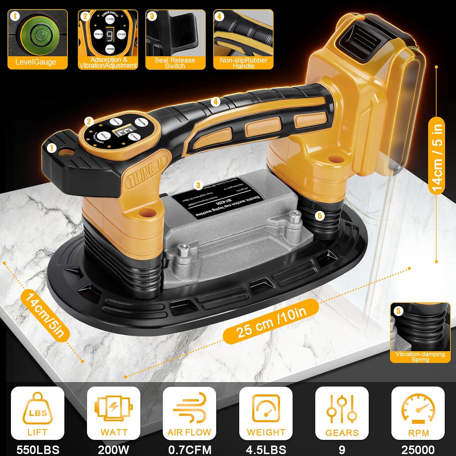 Tile Vibration Tool 250mm Suction Cup Max 551lbs/250kg, Handheld Tile Installation Leveling Machine for Dewalt 20V Battery, Tiling Vibrator for Tiling Leveling Laying 25000r/Min 9 Speeds Adjustable