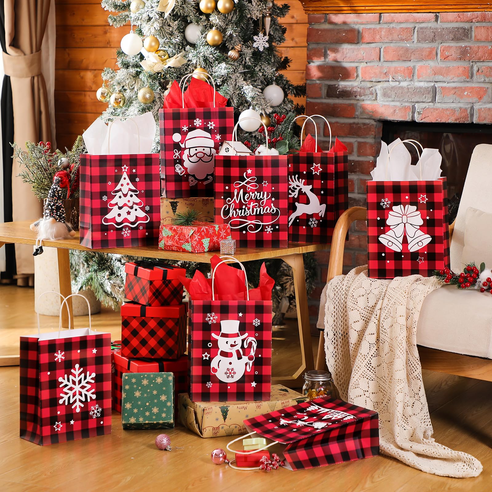 24 sacchetti regalo di Natale con carta velina, Merry Christmas Xmas Kraft Paper Goodie sacchetti con manici, per confezioni regalo di Natale, forniture per feste (plaid, medio)