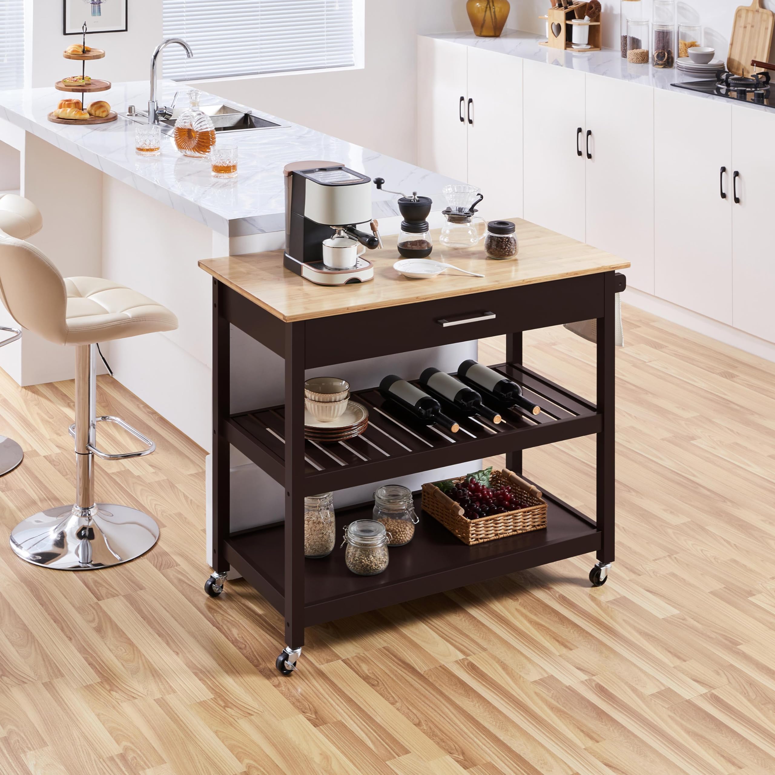 Yaheetech Carrello da Cucina a 3 Ripiani con Ruote Credenza Salvaspazio per Microonde con Cassetto per Cucina Dipensa o Bar 101,5 x 51 x 92 cm Marrone Scuro