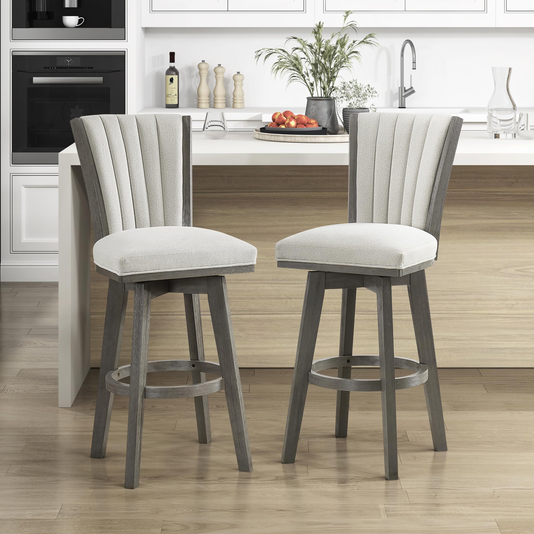 Lexicon Swivel Bar Stools Set of 2, Wood Frame Bar Height Stools with Footrest and Back, for Kitchen Island, Dining Room, 30.5" SH, Grey Finish and Thick Beige Velvet Cushion Seat