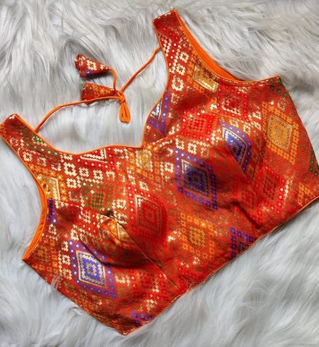 Miniatura 2 de Banarasi - Blusa sin mangas de seda con diseño floral dorado con encaje Gotta Sari para mujer, Naranja
