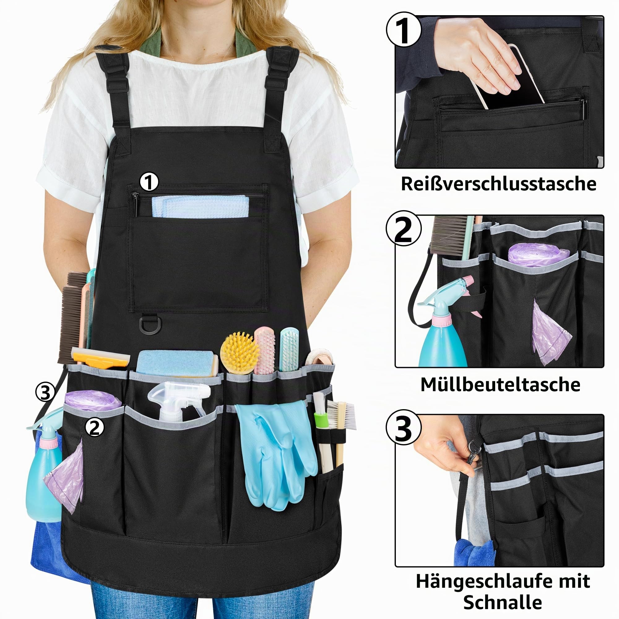 Rexmica Reinigungsschürze für die Hauswirtschaft, Wasserabweisende Hausputzschürze mit mehreren Taschen für Damen und Herren, Verstellbare Arbeitsschürze mit Gürtel für Reinigung, Schwarz