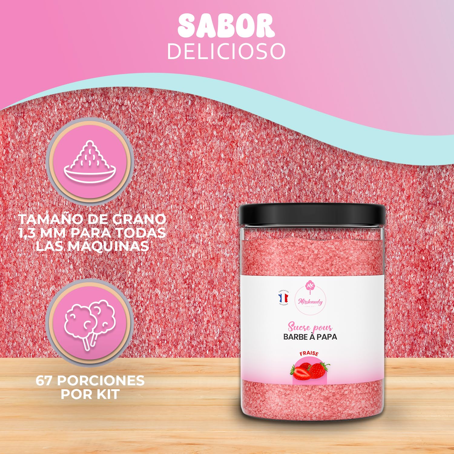 Misskandy-Azúcar para Algodón de Azúcar, Fresa 1,4 kg (Sabores y Colorantes Naturales) +50palitos