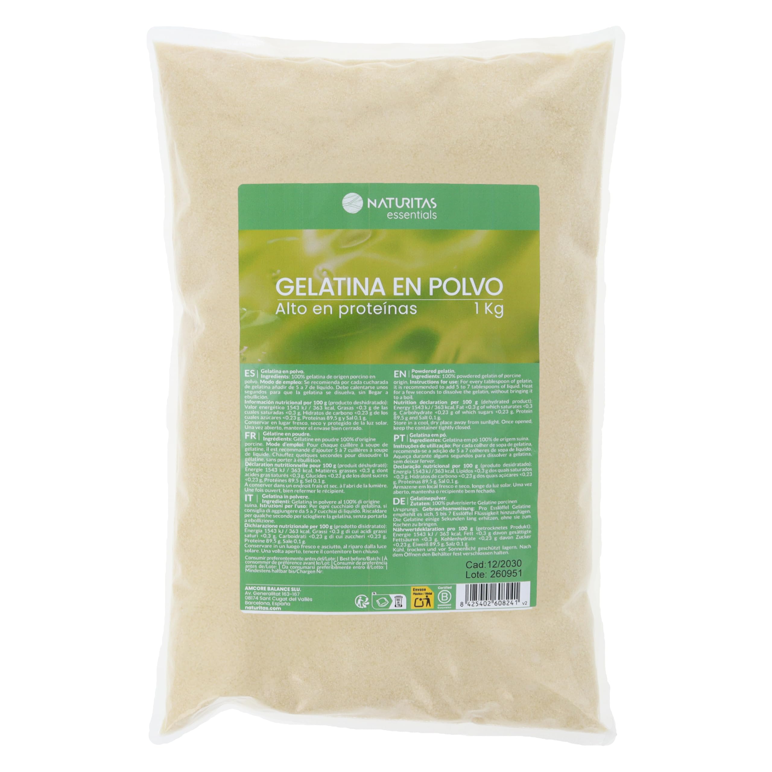 Gelatina en Polvo | 1 kg | Naturitas Essentials | Gelatina Neutra Sin Sabor | Alto Contenido en Proteína (87-93%) | Ideal para Repostería y Batidos