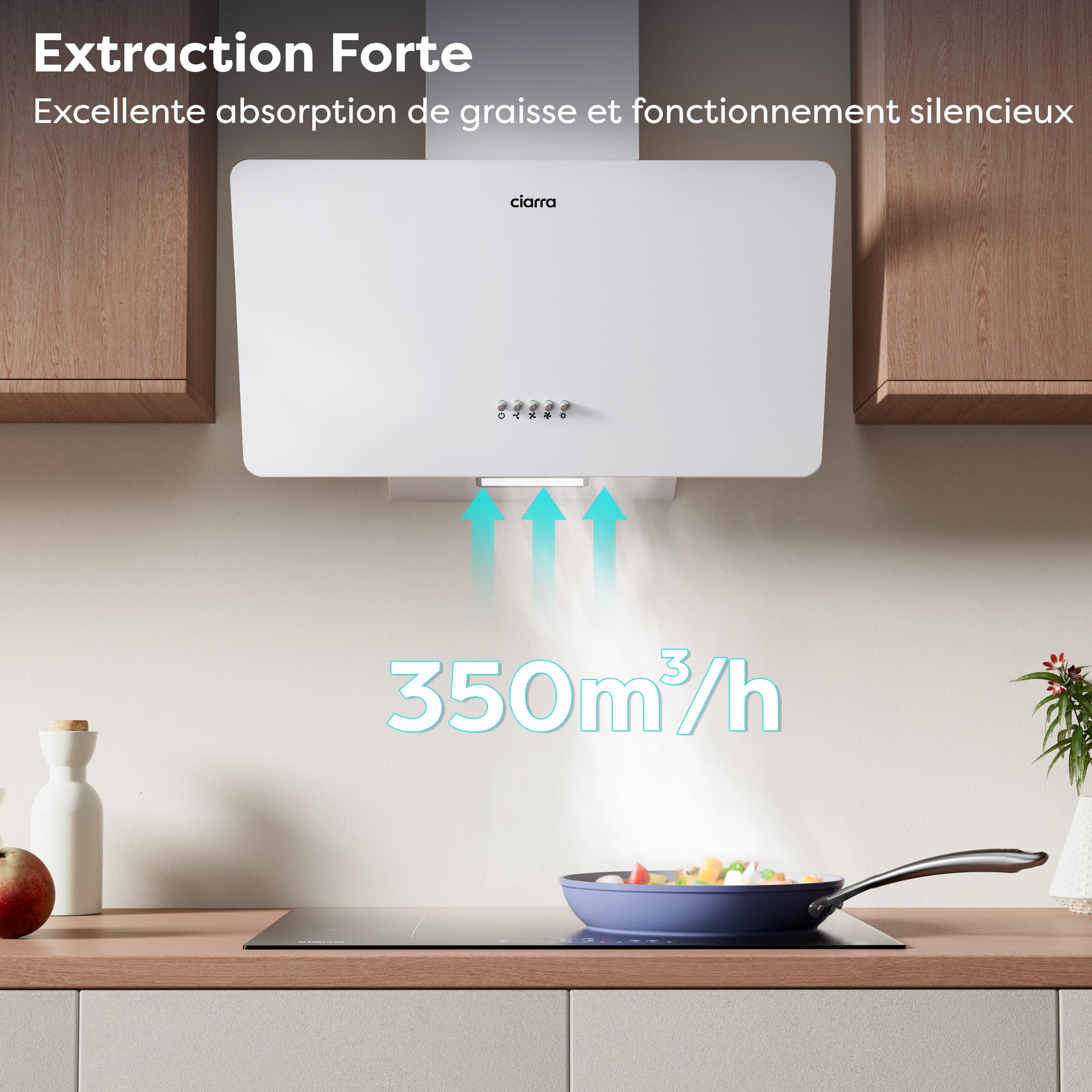 CIARRA Hotte Aspirante Inclinée 60cm 350 m³/h LED Silencieuse Recyclage Evacuation Blanc