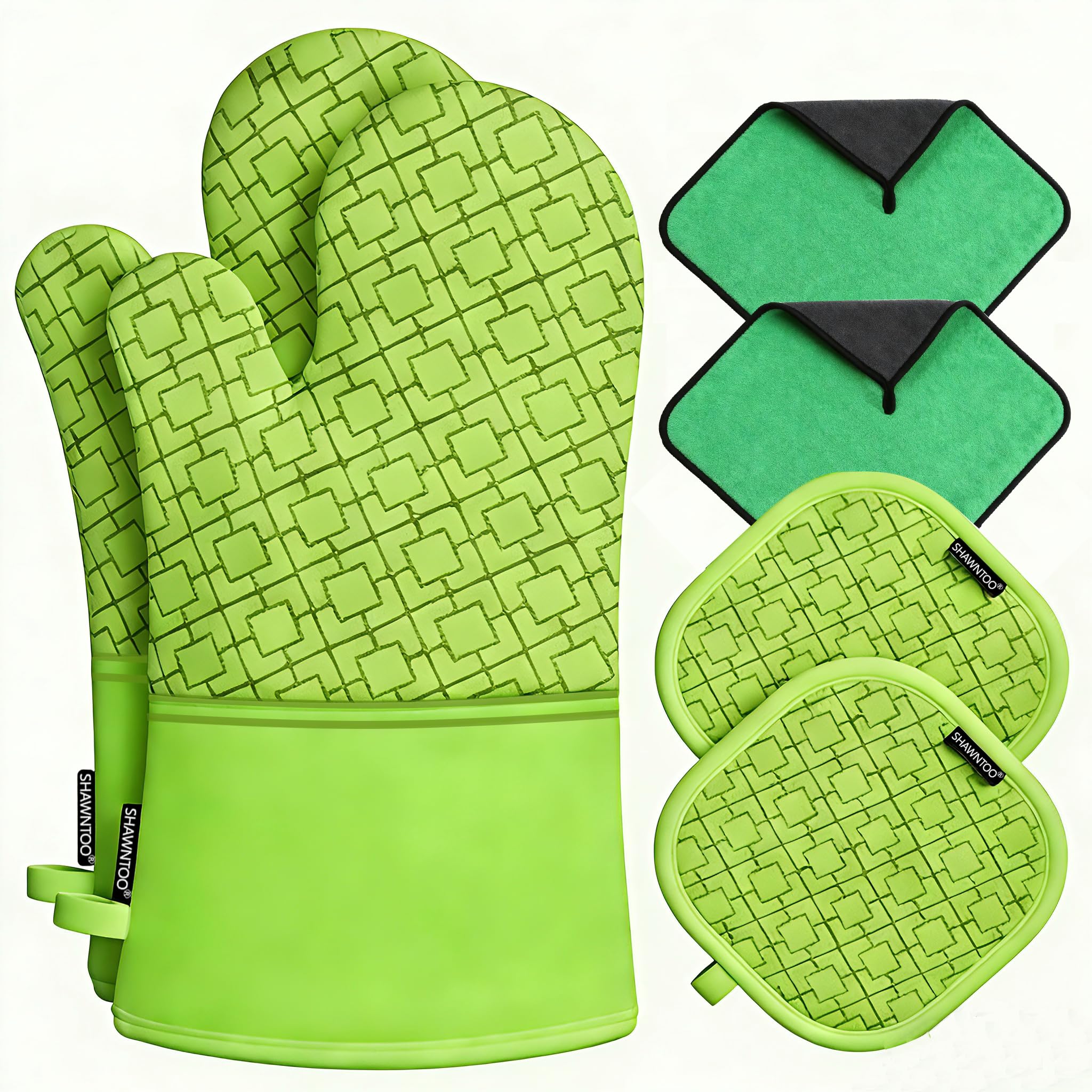 Ofenhandschuhe und Topflappen-Set, 6-teilig, Küchenhandschuhe, hohe Hitzebeständigkeit, 550 Grad, extra lange Ofenhandschuhe und Topflappen mit rutschfester Silikon-Oberfläche für Haushaltsgegenstände