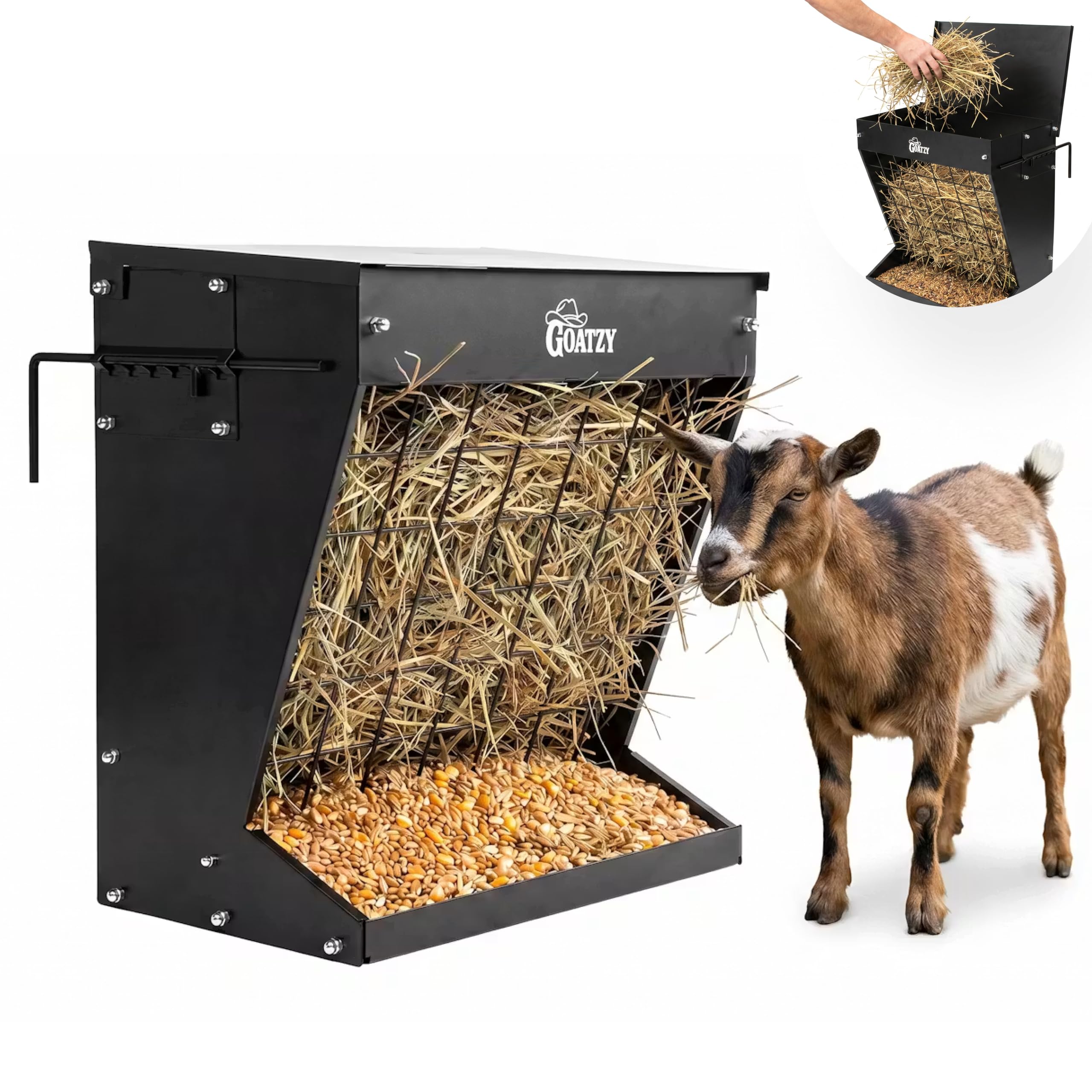 Wall Mount Hay Rack And Hay Feeder For Goats Sheep And Horses, Covered Galvanized Steel Goat Hay Feeder With Hinged Roof, 25 Gallon 2-In-1 No Waste Hanging Holder Grain Bin with hook For Cattle