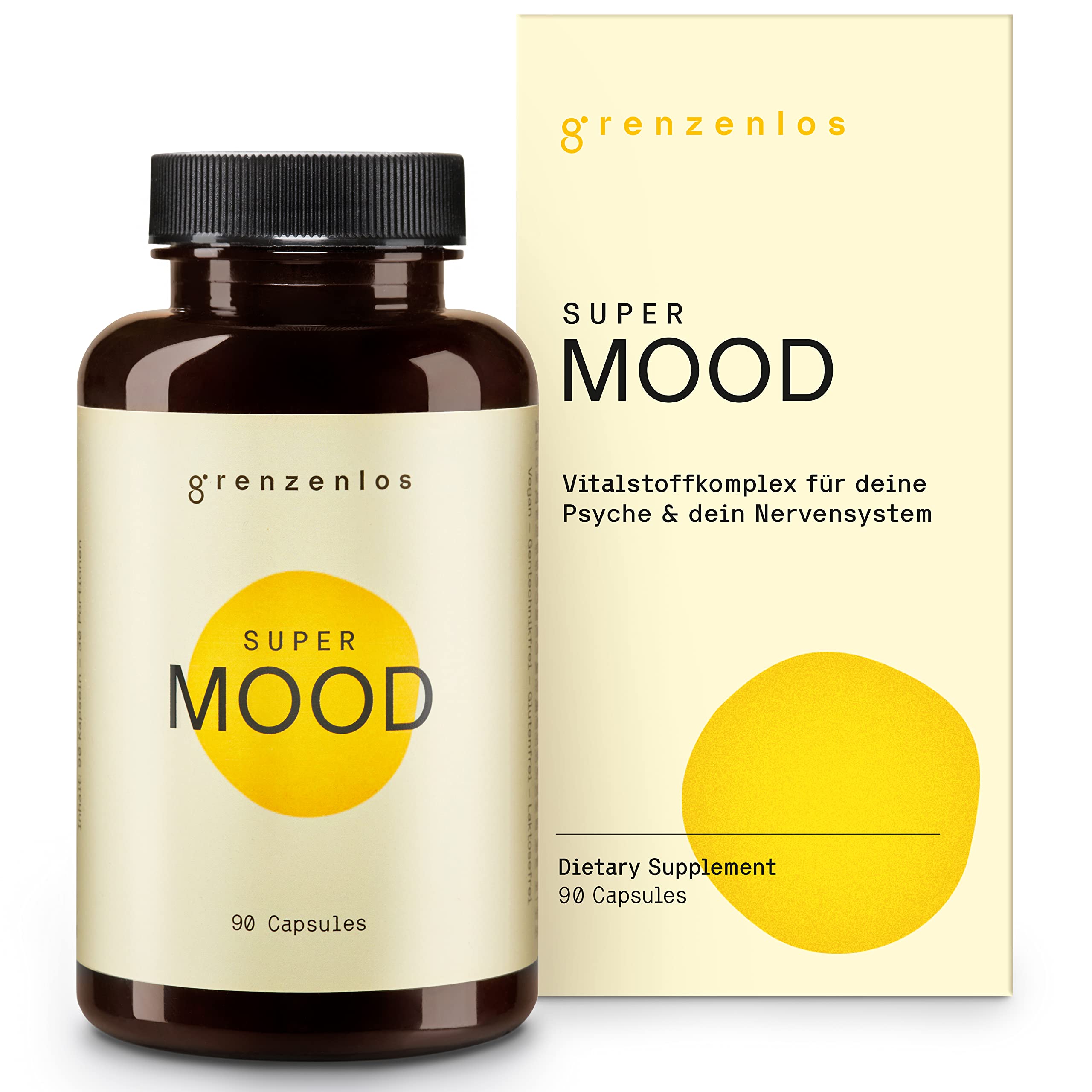 grenzenlos® Super Mood | Seelisches Wohlbefinden & mentale Stärke | Mit dem Serotonin Booster L-Tryptophan + Ashwagandha, Rosenwurz & Maca | Hochdosiert & pflanzlich | 90 Kapseln | Aus der Alpenregion