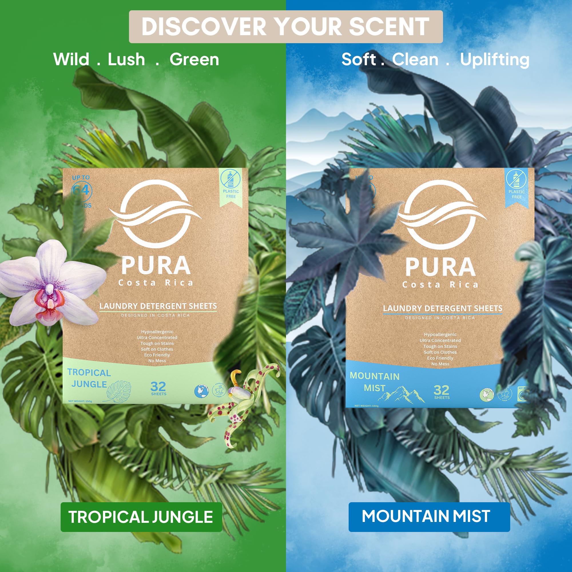 Hojas de detergente para ropa – 32 hojas (64 cargas) – Apto para viajes – Hipoalergénico – Detergente para ropa no tóxico – Ecológico – Sin plástico – Aroma de niebla de montaña – Para pieles
