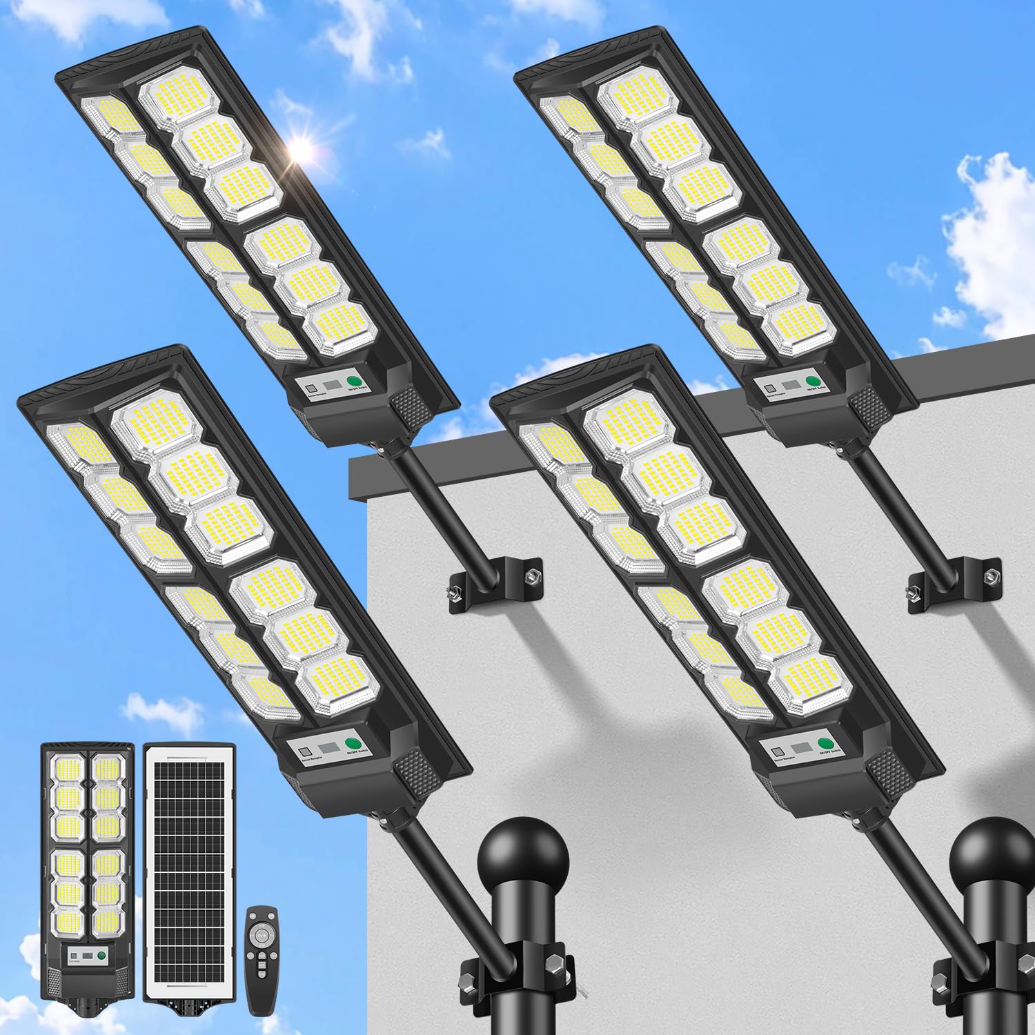 VOPHICHO 4-Stück Solar Straßenlaterne für Außen mit Bewegungssensor, 6500K LED Solarlampen für Außen Wasserdicht, Solarleuchten Dämmerung mit Fernbedienung, Solar Wegeleuchte für Hof Parkplatz Garten