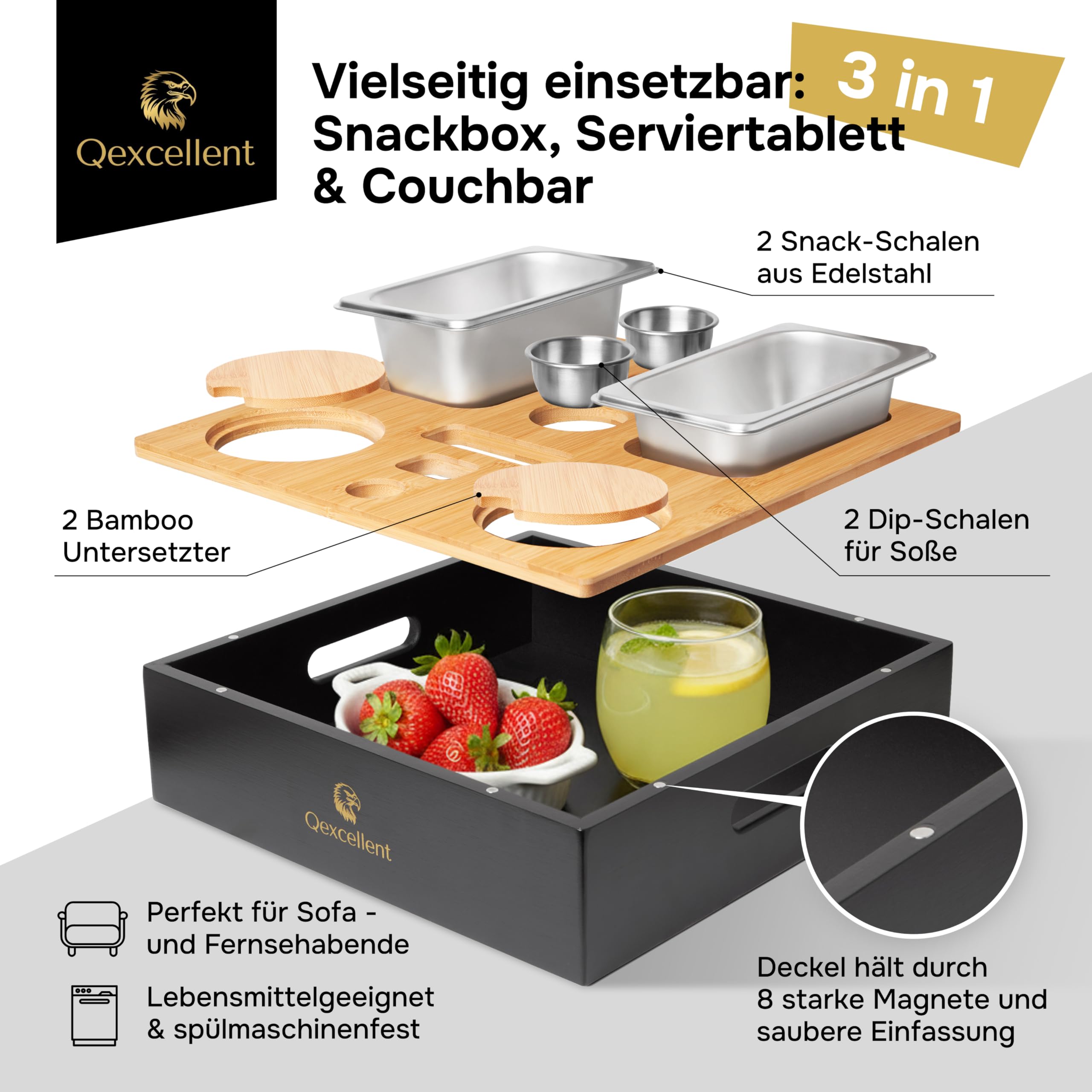 Couchbar Boîte à goûter avec compartiments - Plateau de service 3 en 1 et porte-gobelet - 4 bols en acier inoxydable pour collations et sauces - Cadeaux pour femmes et hommes, organisateur