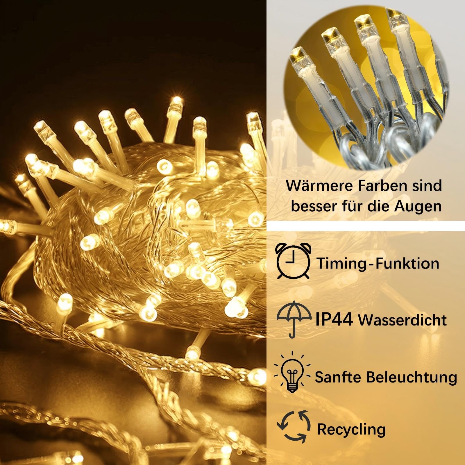 Guirlande Lumineuse Extérieure 100m 800 LED Blanc Chaud, 8 Modes, IP44, Mémoire et Minuterie