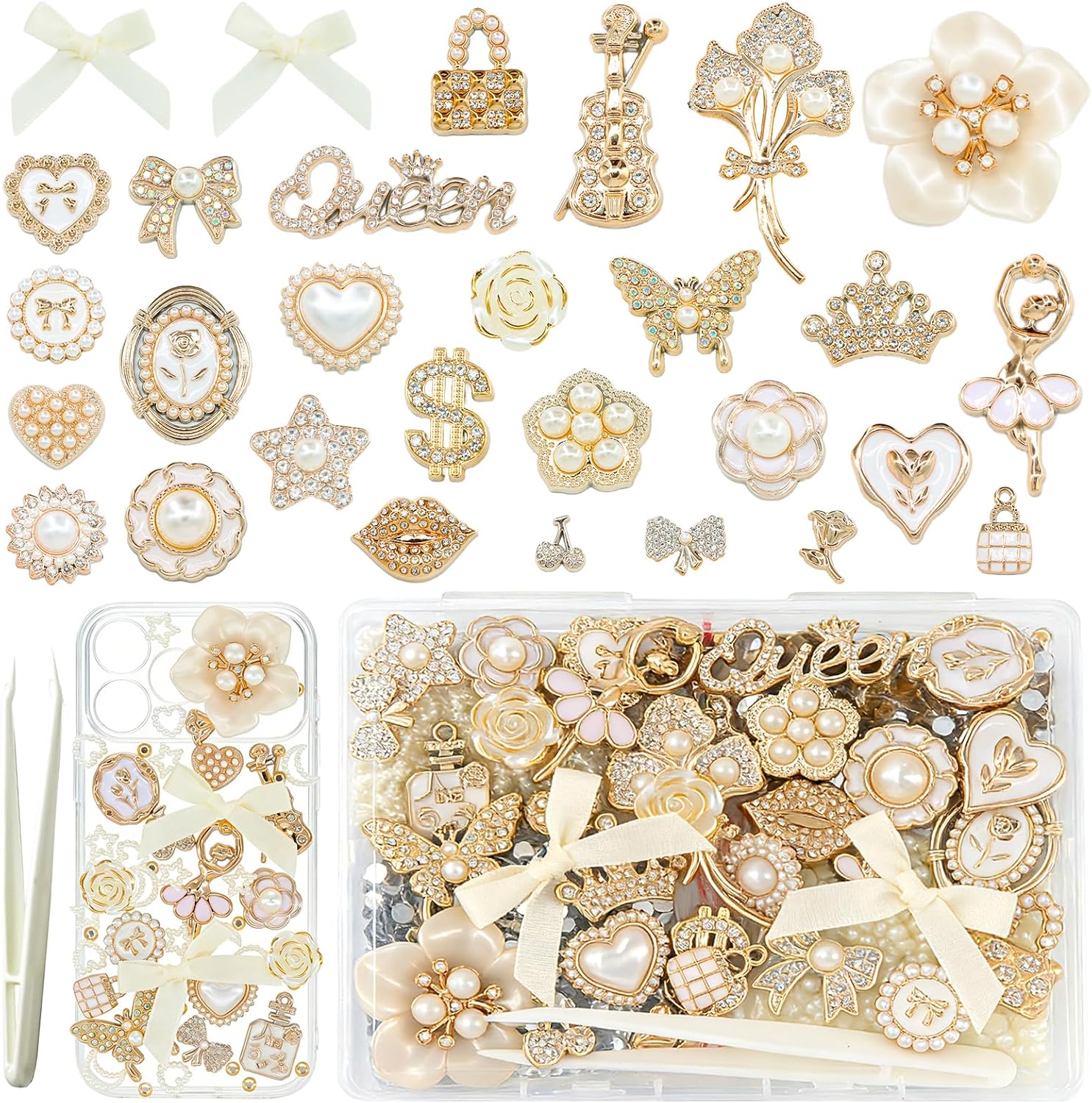 RidaaFri 3000 Pcs Junk Case Charms Kit, DIY Phone Case & Nail Decor with Big Charms, Kawaii Bows, Pearls, Rhinestones, Letter Beads for Aesthetic Personalization