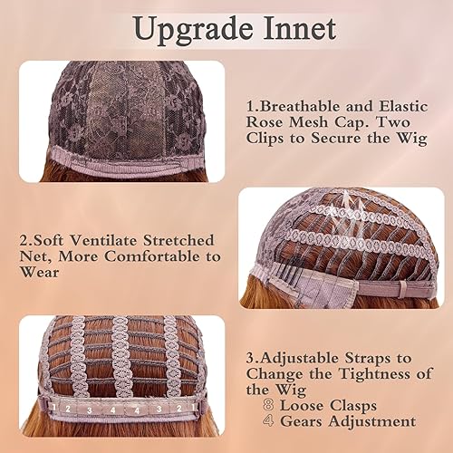 Miniatura 4 de VERNA Peluca castaño rojizo con fleco, pelucas de 26 pulgadas de largo castaño rojizo para mujer, peluca de cabello castaño castaño de aspecto