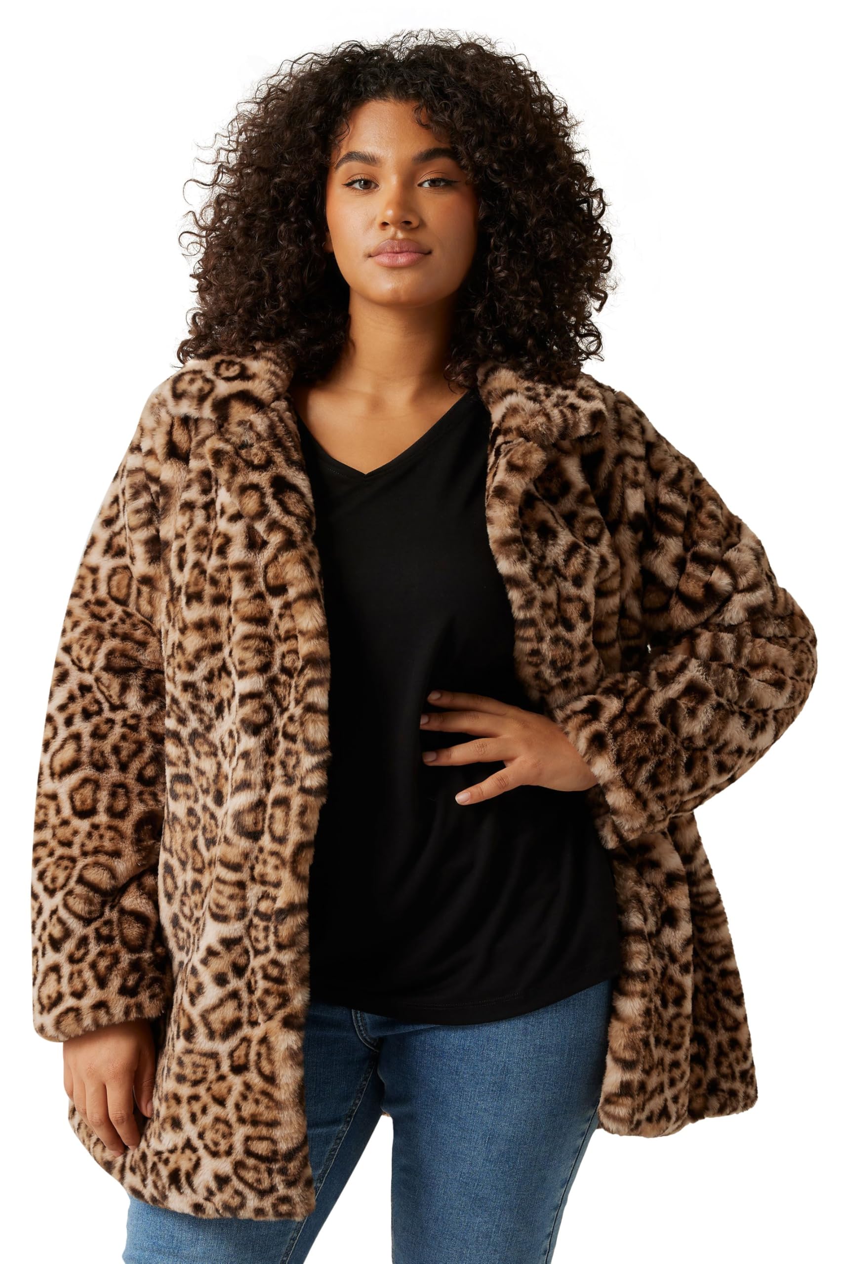 Evans Women's Brown Curve Natural Leopard Print Faux Fur Coat - Plus Size Curve