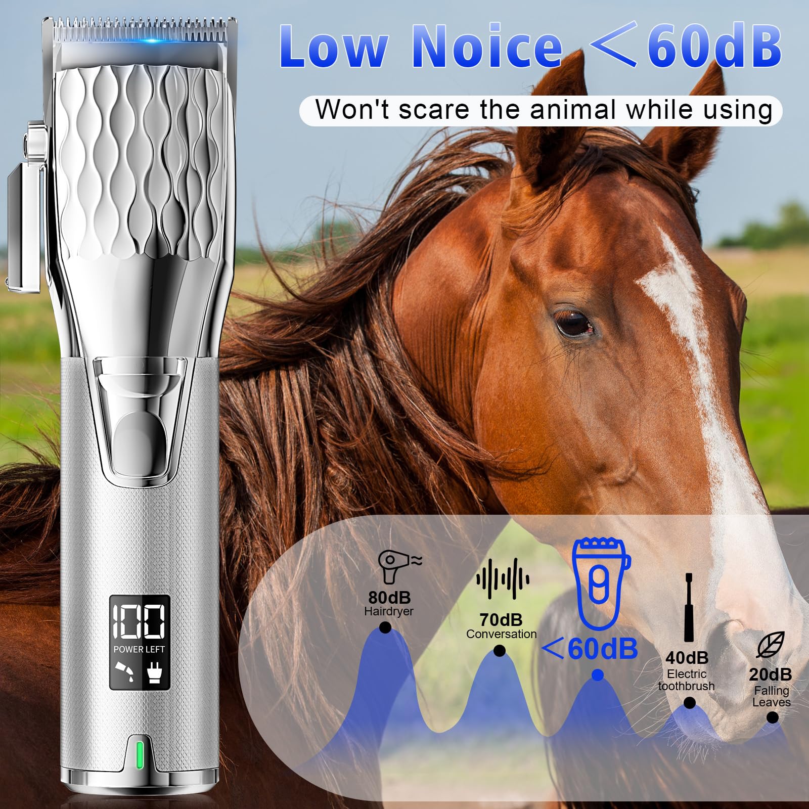Tosatrice per cavalli, senza fili, ricaricabile, per capelli spessi e infeltriti, professionale, con motore potente da 6200 giri/min, peso leggero da 400 g, argento