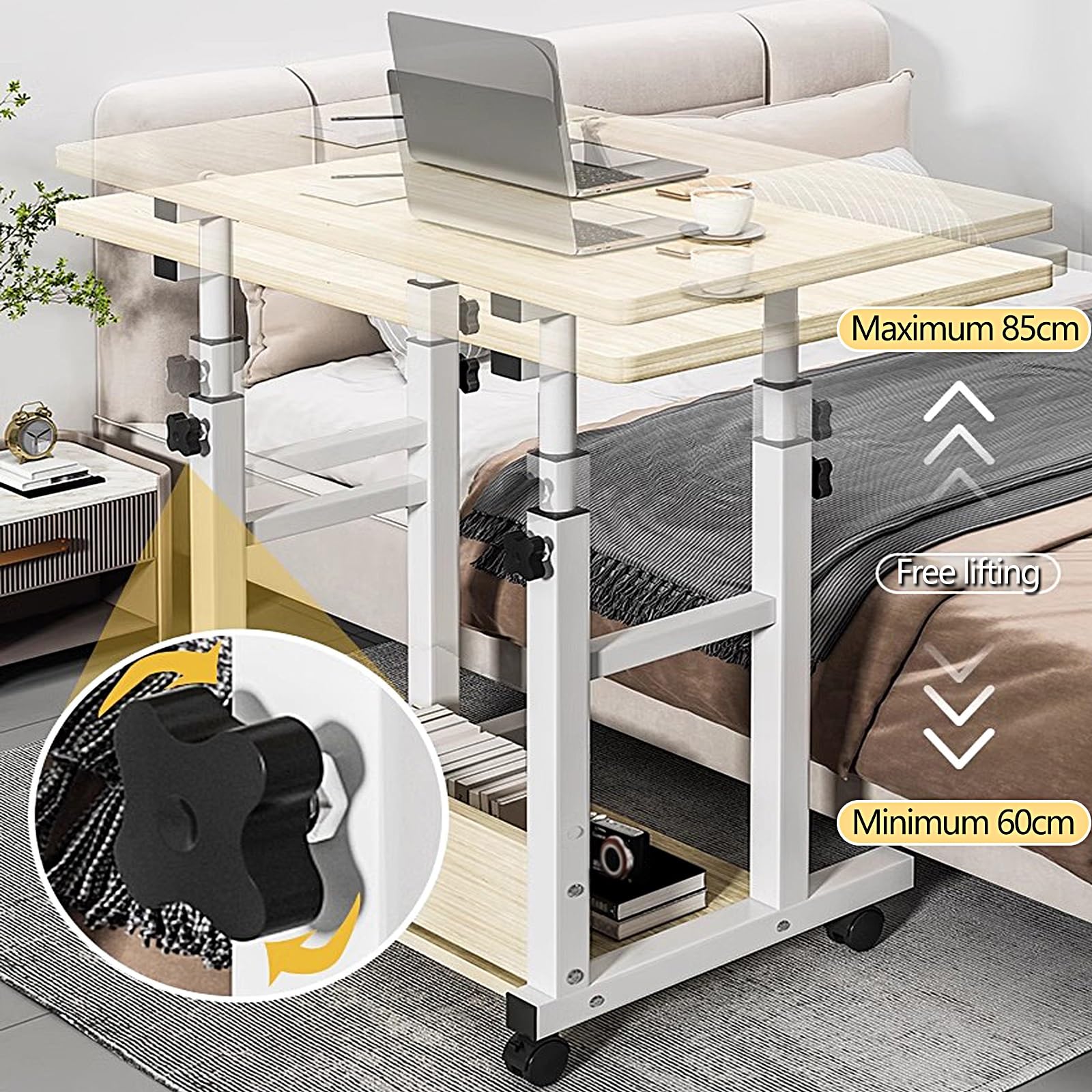 Petite Table d Appoint sur roulettes Réglable en Hauteur Tables de Lit D'aide À L'autonomie Cadre en Acier au Carbone Table de Lit Roulante for Maison, Bureau(Yellow,60 * 40 * 61-80cm)