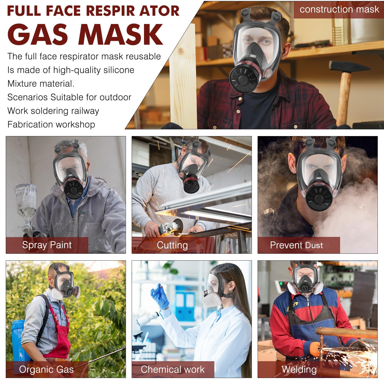 Maschera a gas per il viso, respiratore con filtro a carbone attivo da 40 mm e filtri 6001CN, maschere antigas contro polvere, vernice, lucidatura, saldatura, vapore organico, prodotti
