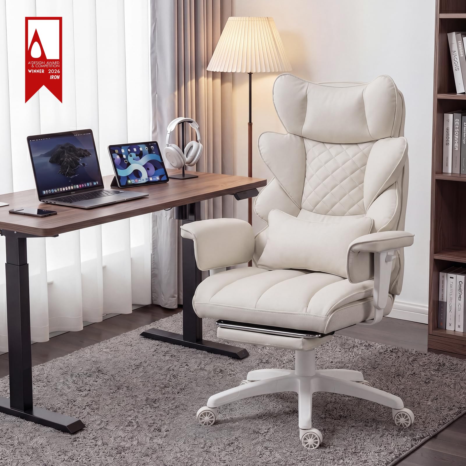 Dowinx Gaming Stuhl, Bürostuhl Ergonomisch mit Taschenfeder-Kissen, Chefsessel mit Doppellagige weiche Rückenlehne und verstellbare Lendenkissen, Armlehnen und Fußstütze, PU-Weiß