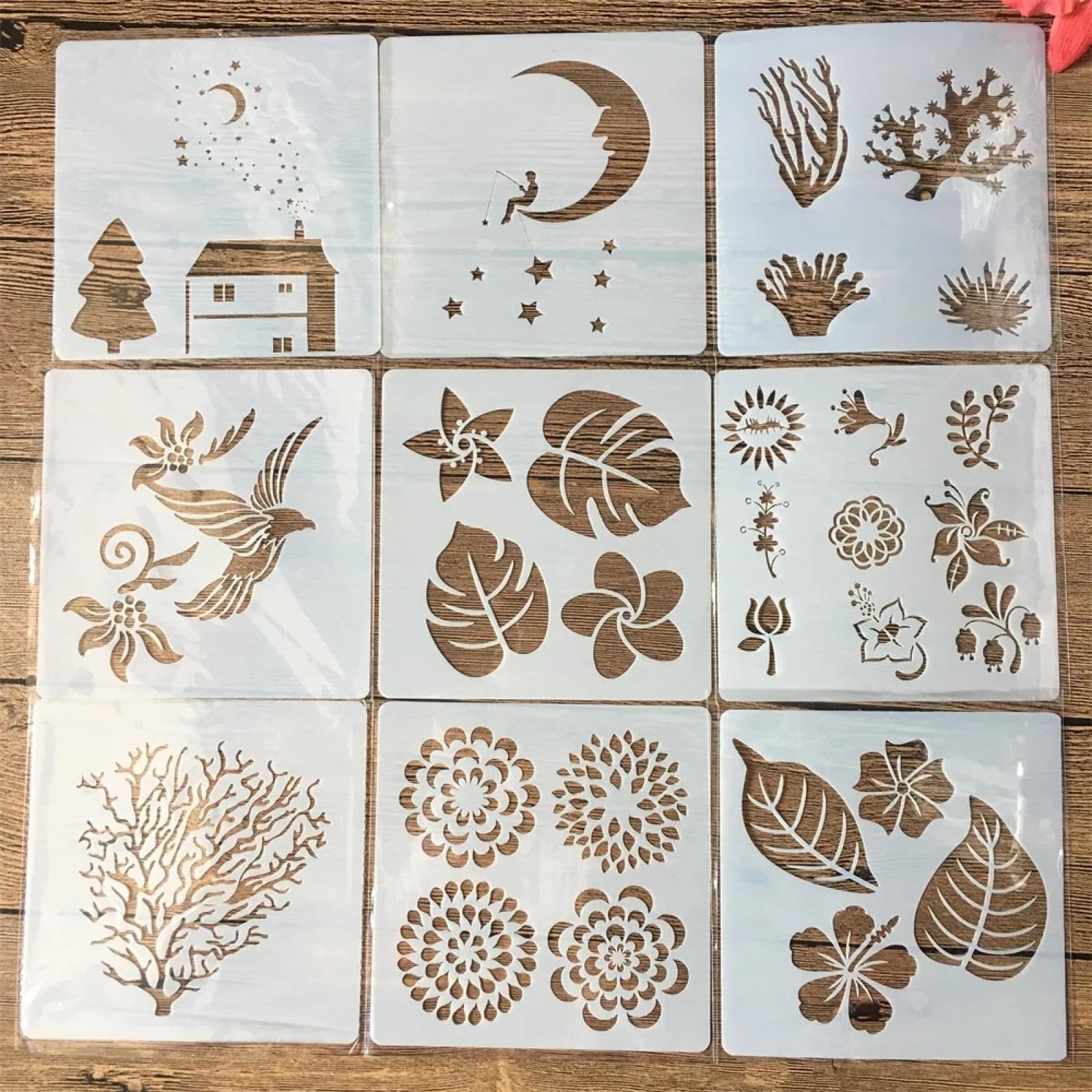 Schablonen zum Malen, 9 Stück, 13 cm, Blätter, Baum, wiederverwendbare Schablonen zum Malen auf Wänden, Möbeln, Basteln, Scrapbooking, Karten, Bodenzeichnungen, Heimdekoration