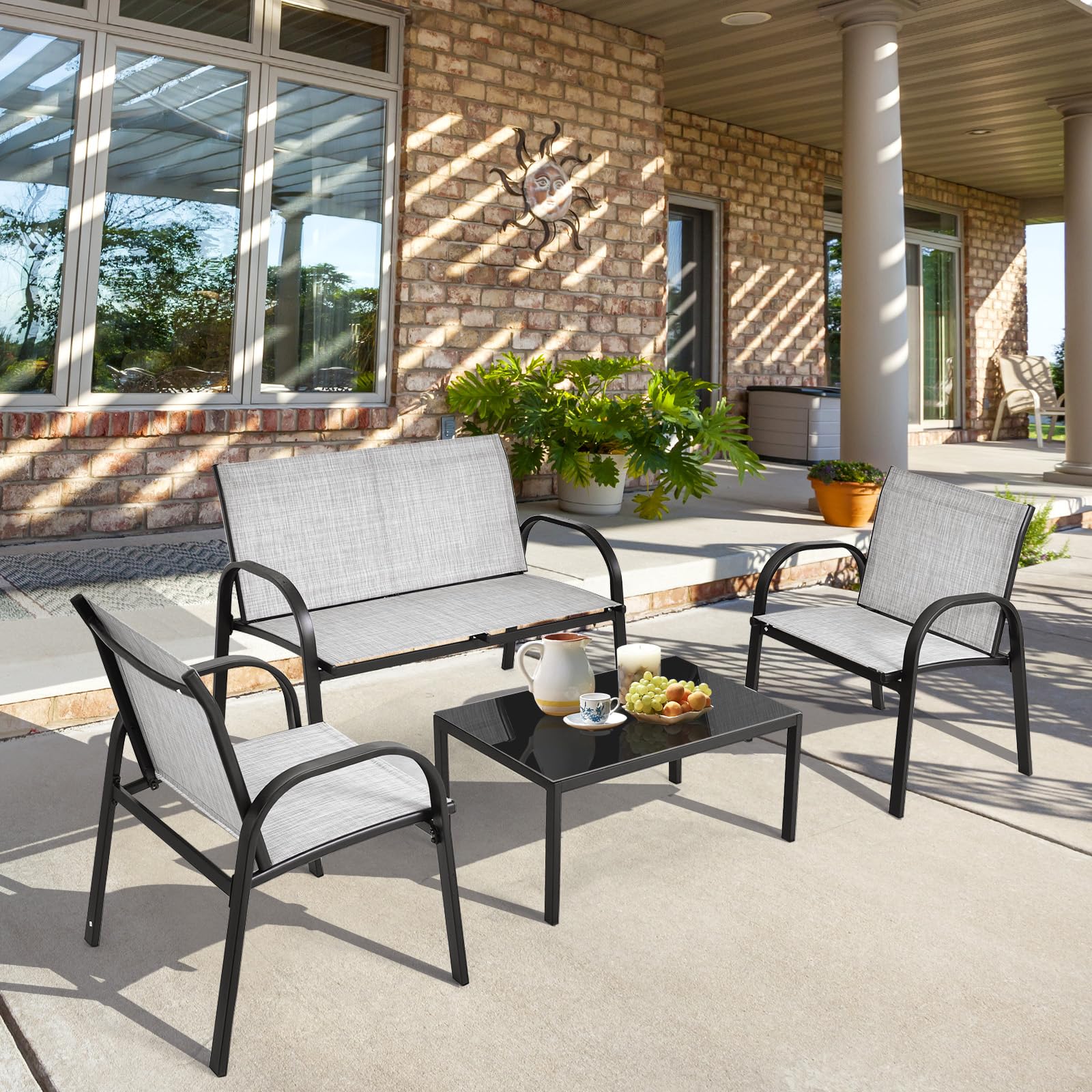 GIANTEX Set da Giardino 4 Posti, composto da Tavolino, Panca e 2 Sedie, Rivestimento in Textilene, Mobili da Esterno Comodi per Giardino e Terrazzo