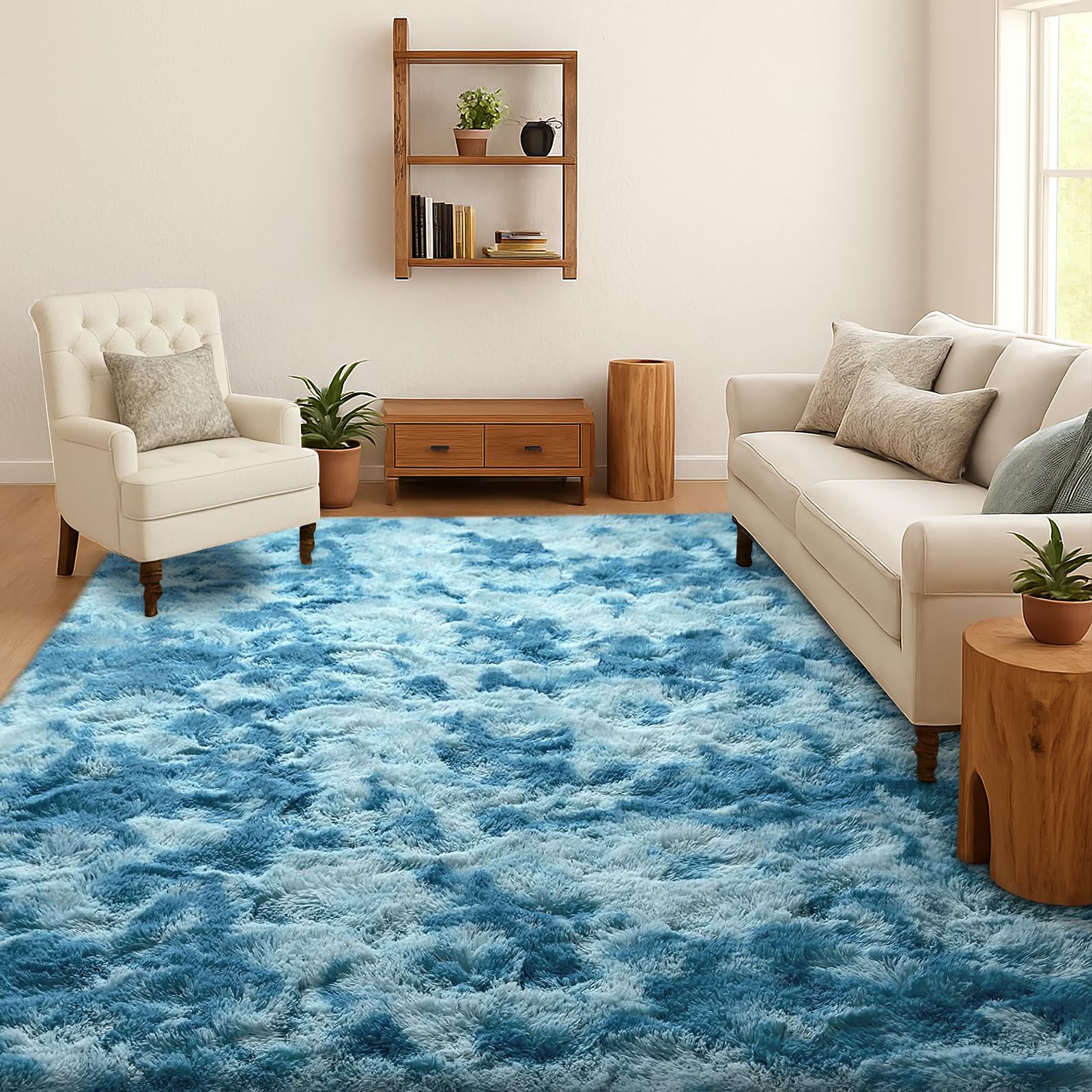 SOANNY Hochflor Wohnzimmer Teppich, Waschbar Anti-Rutsch & Flauschig, Tie-Dye Langflor Shaggy Teppiche für Schlafzimmer & Kinderzimmer, Bettvorleger Matte, 160 x 230 cm, Dunkelblau