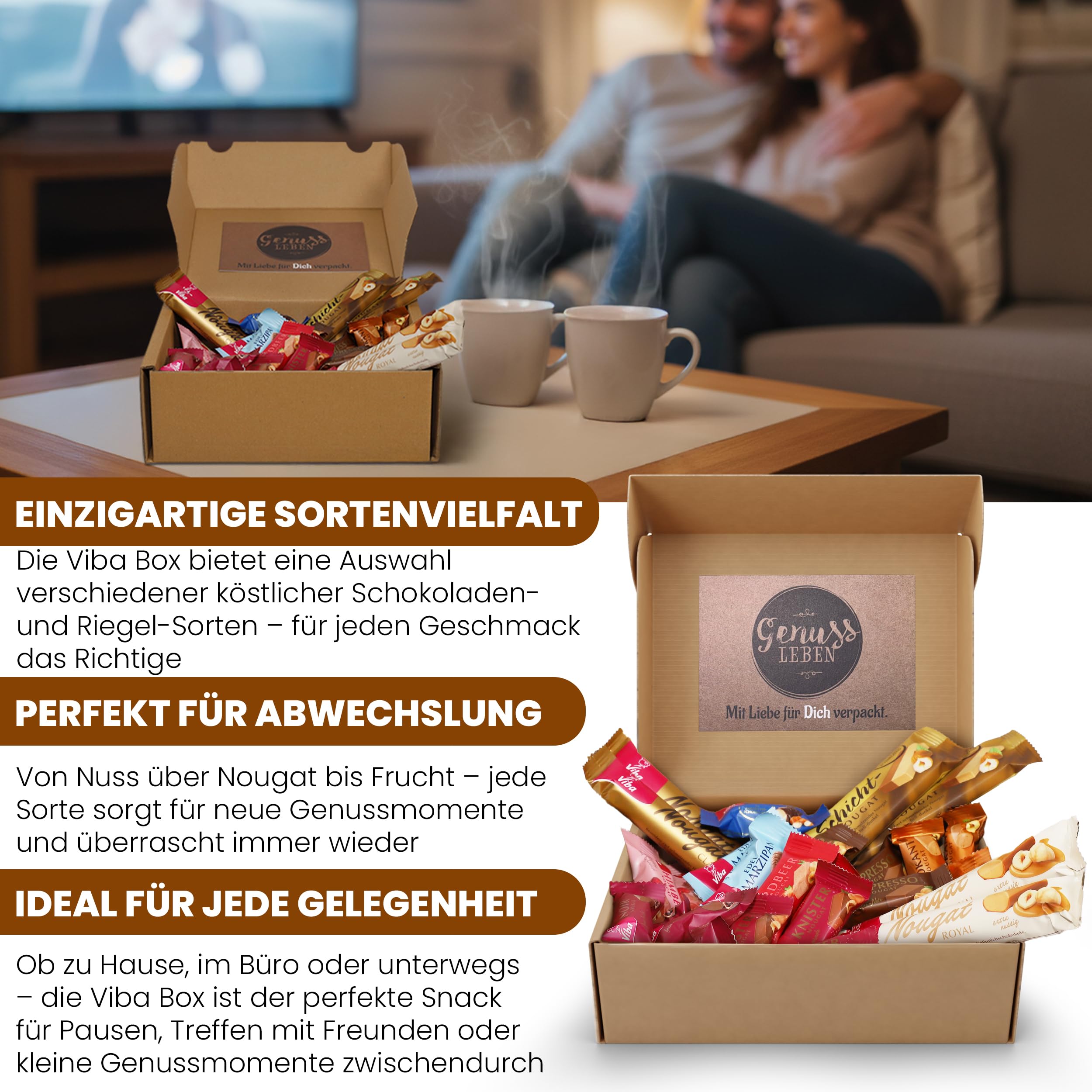 Genusslebenbox mit 500g Viba® im Mix verschiedenster Nougat der Extraklasse für Büro, Familie oder Outdoor. Die Vorratsbox für jeden Liebhaber feinster Pralinen.