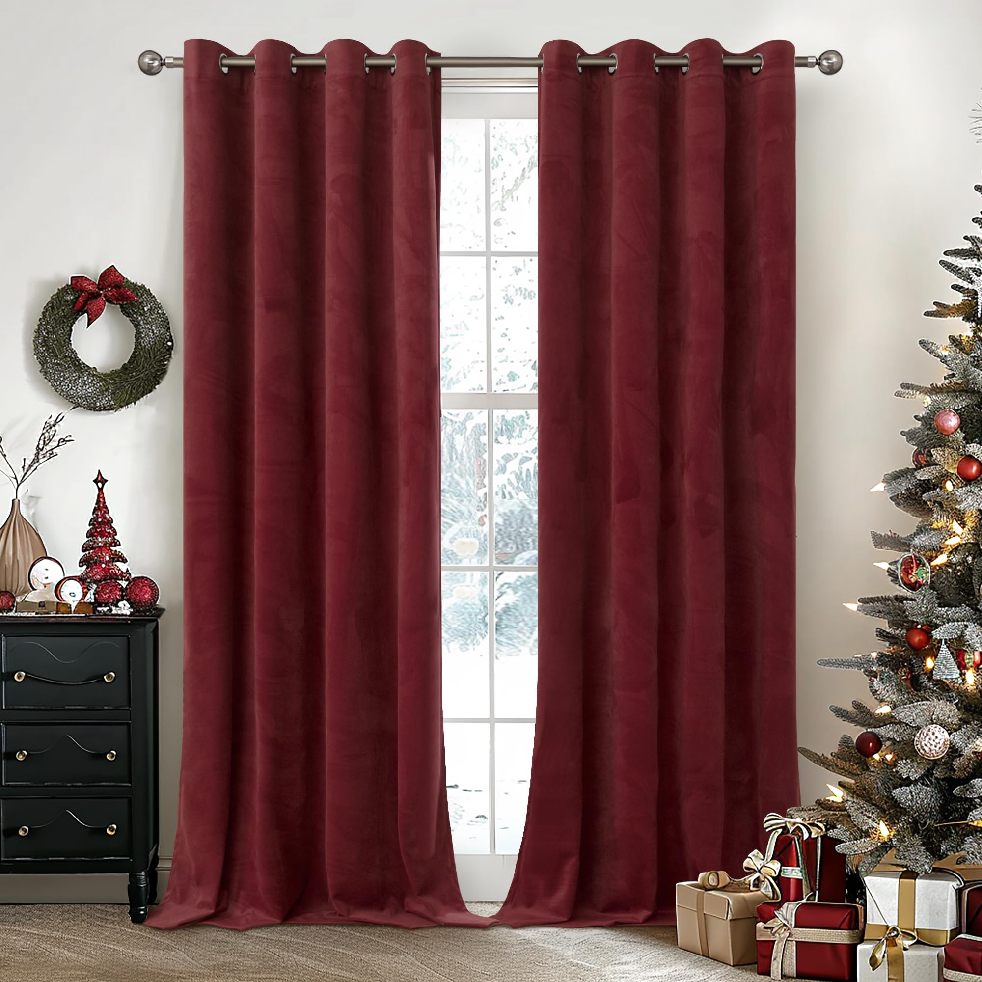 YoungsTex Burgundy Curtains Velvet 84 Inches Length for Living Room, Wine Red Thermal Insulated Drapes with Gommet Blackout Window Treatments for Bedroom Dining Christmas, 2 Panels, 52 X 84 Inch