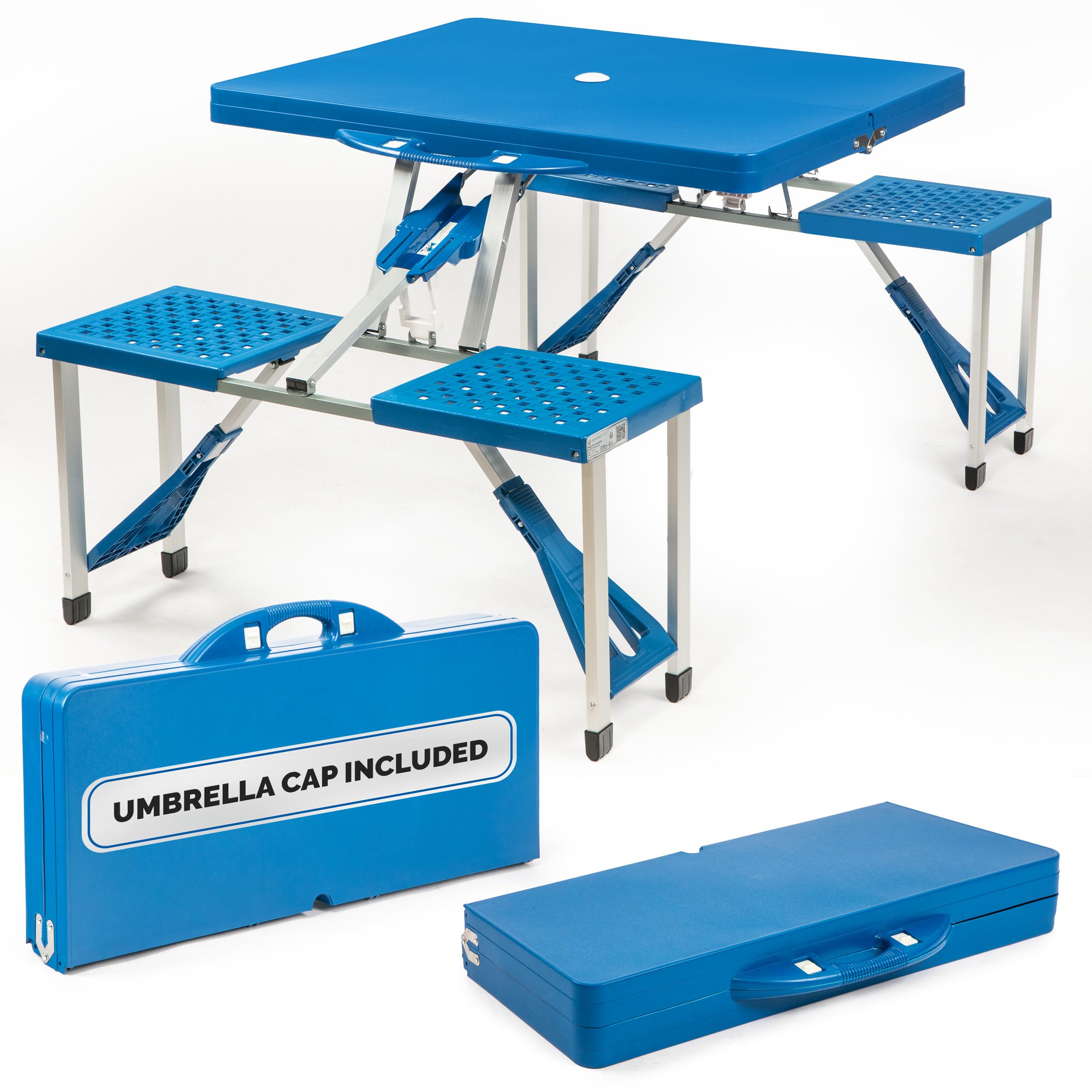 Deuba Blue Folding Table Set, Aluminium, 4 Chairs, Plastic, Rectangular, Outdoor Portable Camping Picnic Table with Parasol Holder, 137 x 85 x 65 cm