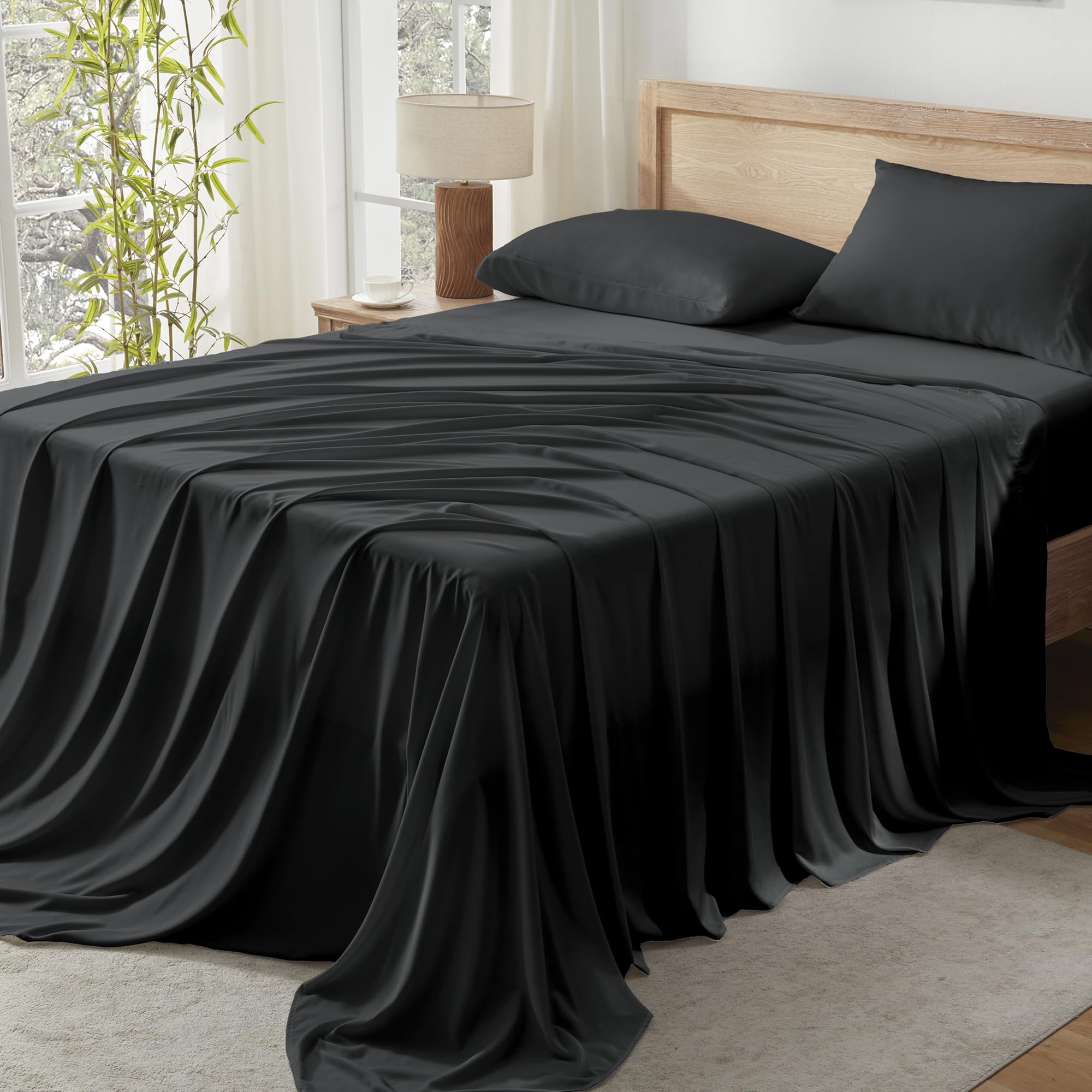 Andency Black King Sheets Set 100% Viscose Derived from Bamboo