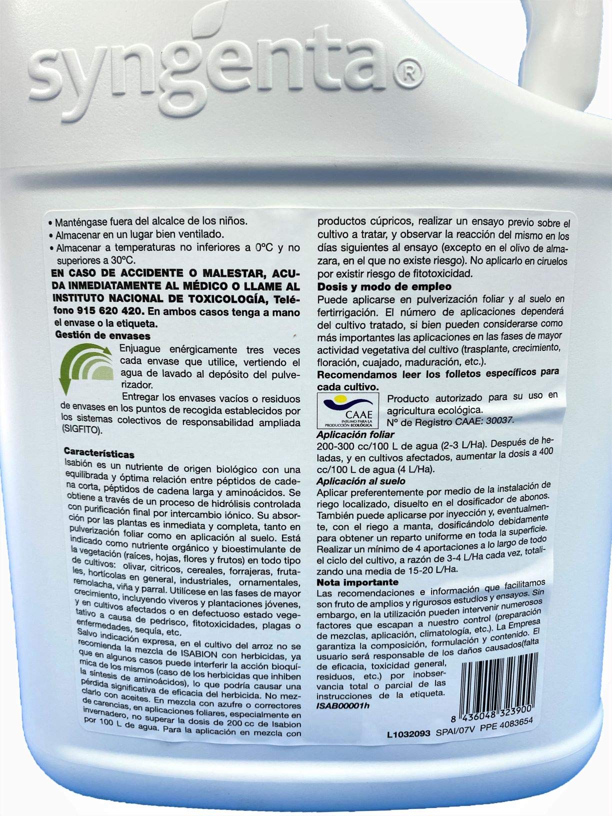 ISABION 5 litros. Abono foliar de aminoácidos, calificación ecológica. Calidad y riqueza de aplicación foliar o fertirrigación.