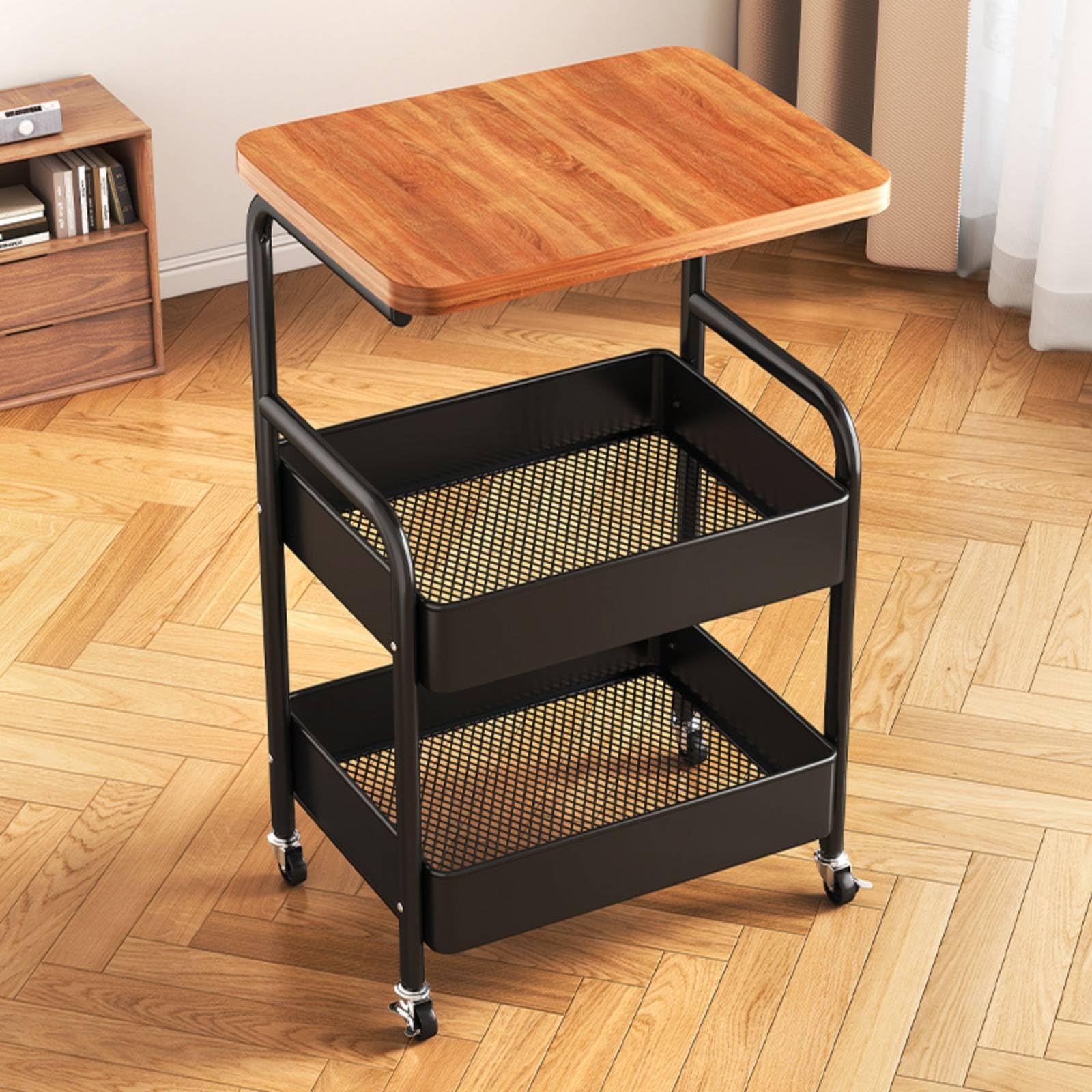 Carrito de Almacenamiento Rodante Organizador Carrito Estantería Mesa Auxiliar con Carro Móvil Tipo de Noche Metal Grueso y Diseño Compacto para, Negro