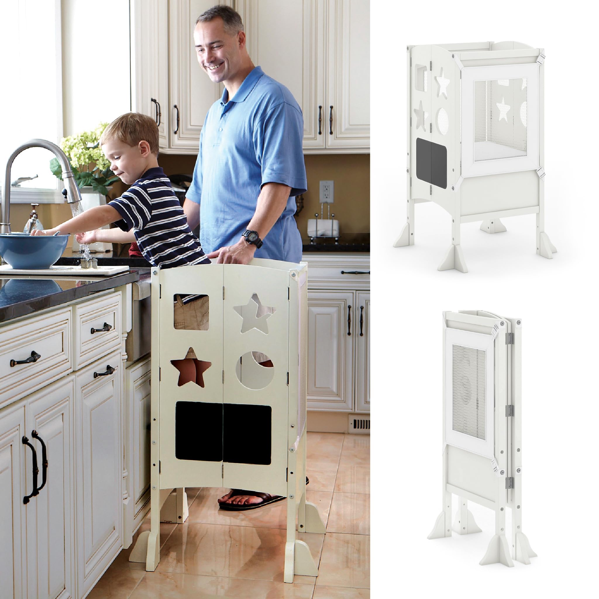 Classic Kitchen Helper® Stool - Ivory: Foldable Toddler Tower with Adjustable Height Platform | Premium Learning Montessori Collapsible Step Stool for Kids