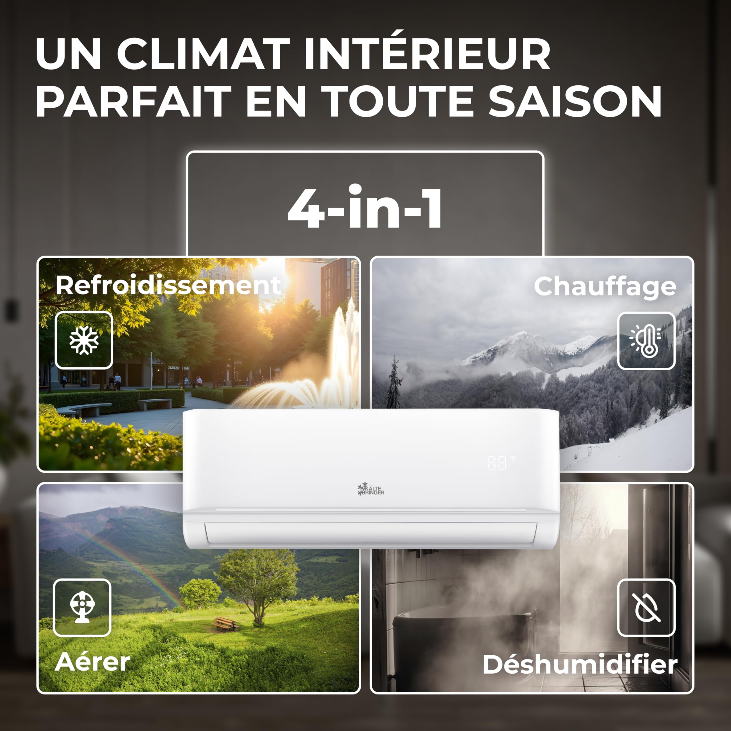 Kältebringer Climatiseur Split Réversible, 12000 BTU/h (3,5 kW) Wi-Fi/Application, Refroidissement A++ / Chauffage A+, Réfrigérant R32, Très Silencieux, Avec Support Mural Inclus