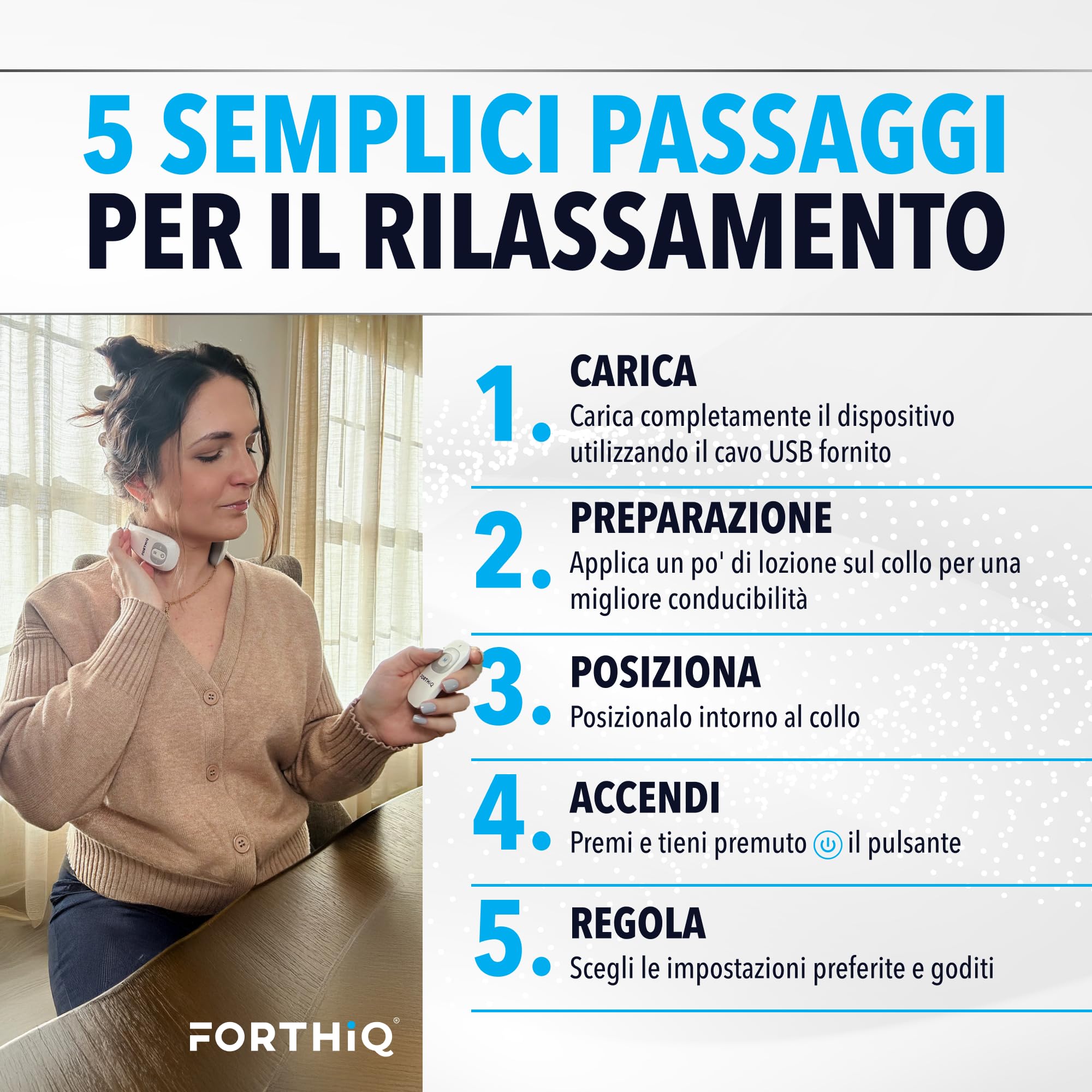 FORTHiQ Massaggiatore TENS per il Collo con Calore, Massaggiatore Elettrico per Alleviare il Dolore, 15 Livelli di Intensità, Massaggio Profondo, Portatile e Rilassante