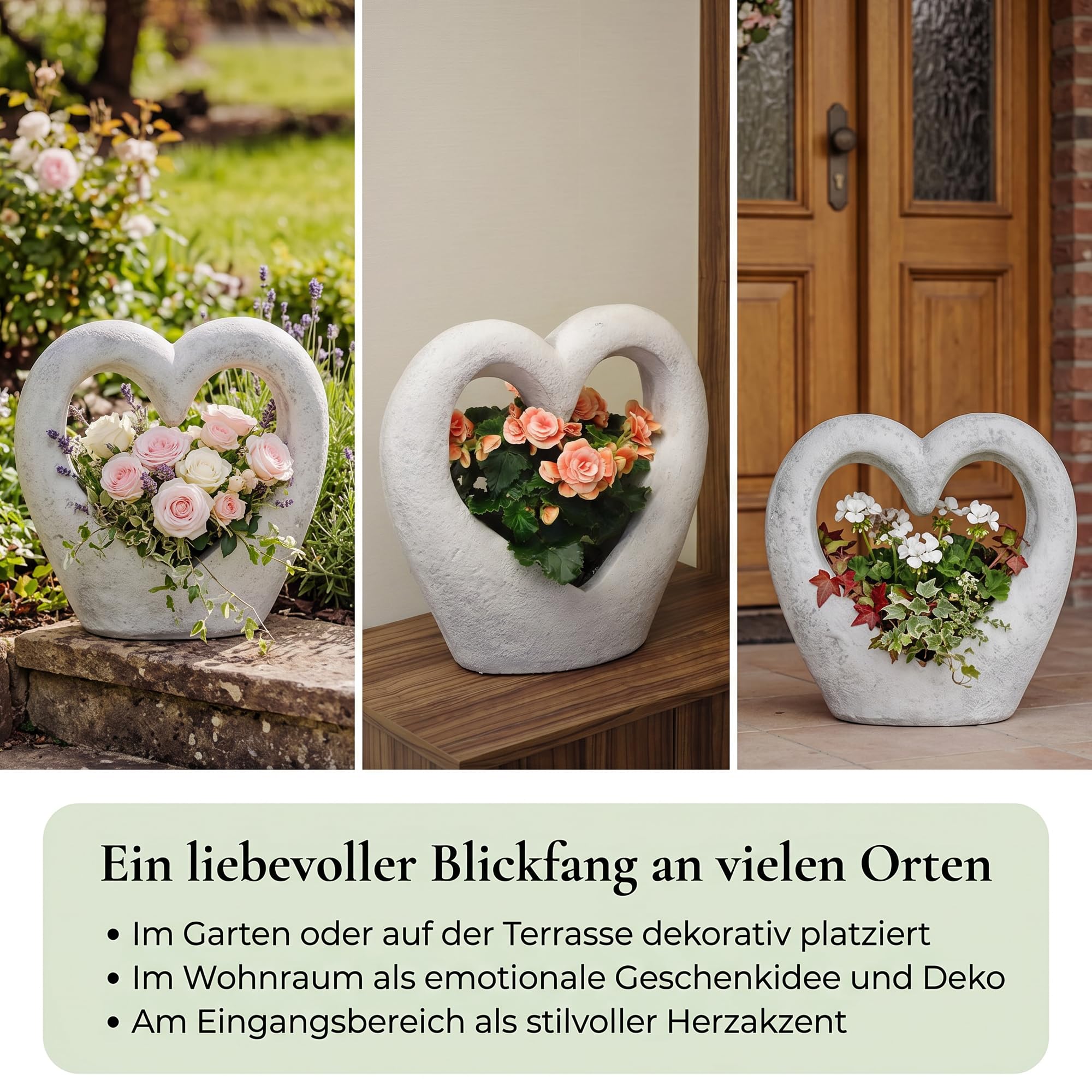 gartendekoparadies.de Liebevolle Pot de fleurs en pierre coulée avec motif cœur résistant au gel pour l'extérieur Gris Hauteur 41 cm 2 l 16 kg