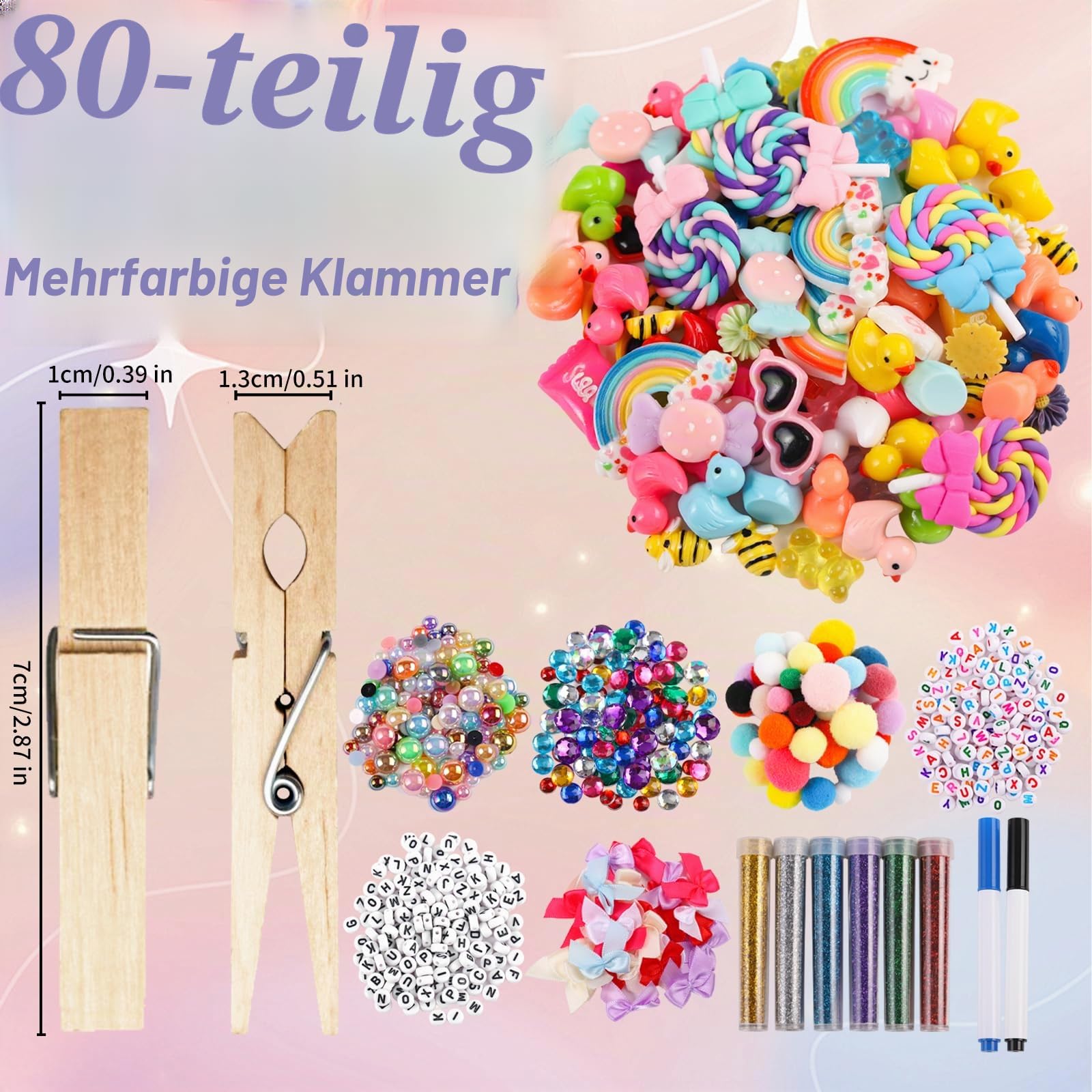 80 Stück Spirit Clips Wäscheklammern Holz Cheer Pins für Rucksäcke Mit 90 Mini-Harz-Enten, Mini-Schleifen, Kleidernadeln, Dekorationen, Band, Team, Klassenzimmer
