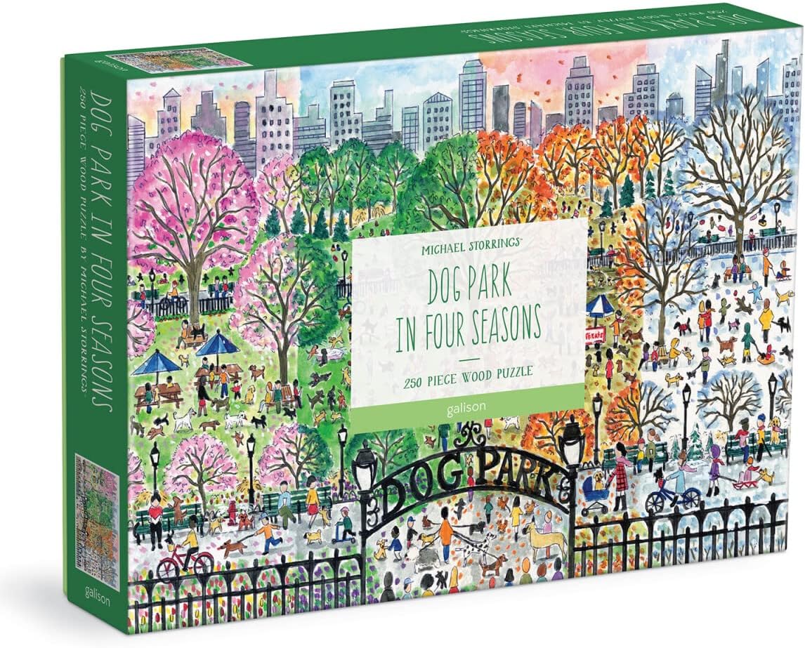 Michael Storrings Dog Park in Four Seasons 250 Piece Wood Puzzle from Galison - Artwork by Bestselling Puzzle Artist Michael Storrings, Thick and Sturdy Pieces, Makes a Unique Gift!