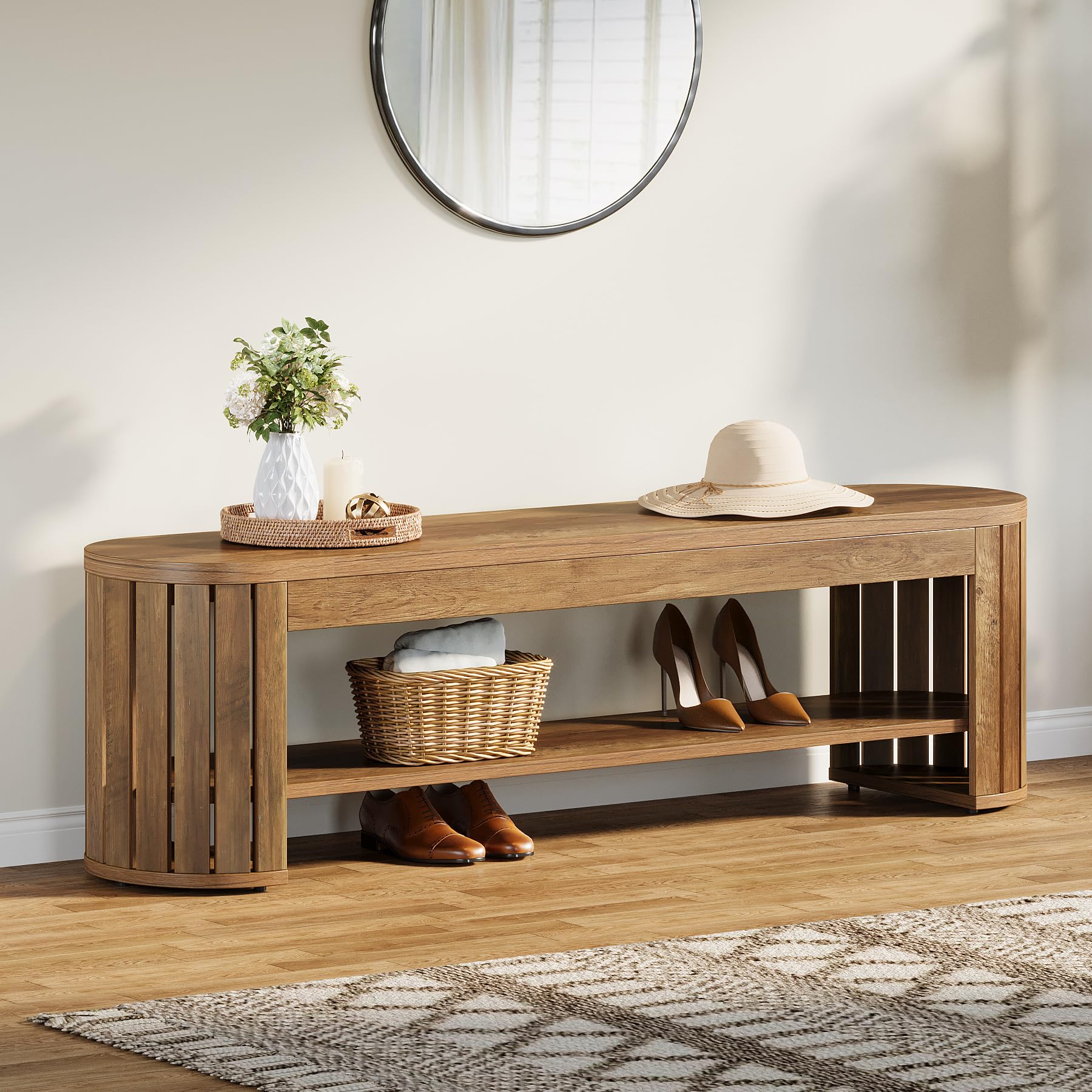 Tribesigns Panca da Ingresso 160cm in Legno Rustico, Scarpiera a 2 Livelli con Seduta, Panchina Moderna per Fondo Letto, Corridoio e Sala da Pranzo, Mobile Salvaspazio Robusto, Marrone