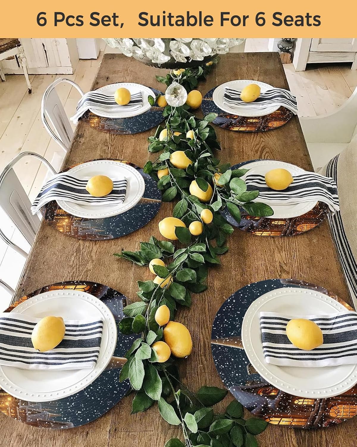 Christmas Round Placemats Set of 8 Vintage Painting Street Winter Place Mats Snow Town Circle Braided Placemat Heat Resistant Table Mat for Xmas Holiday Decorations, 15 Inch