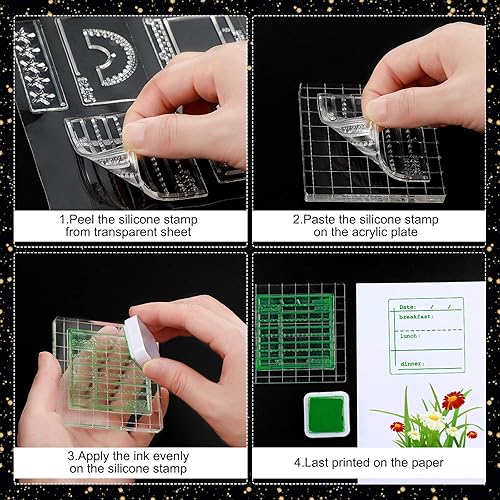 Miniatura 4 de Zonon 18 sellos de diario, sellos transparentes para diario, 4 hojas de calendario de silicona para planificador, plantillas para balas, fechas de