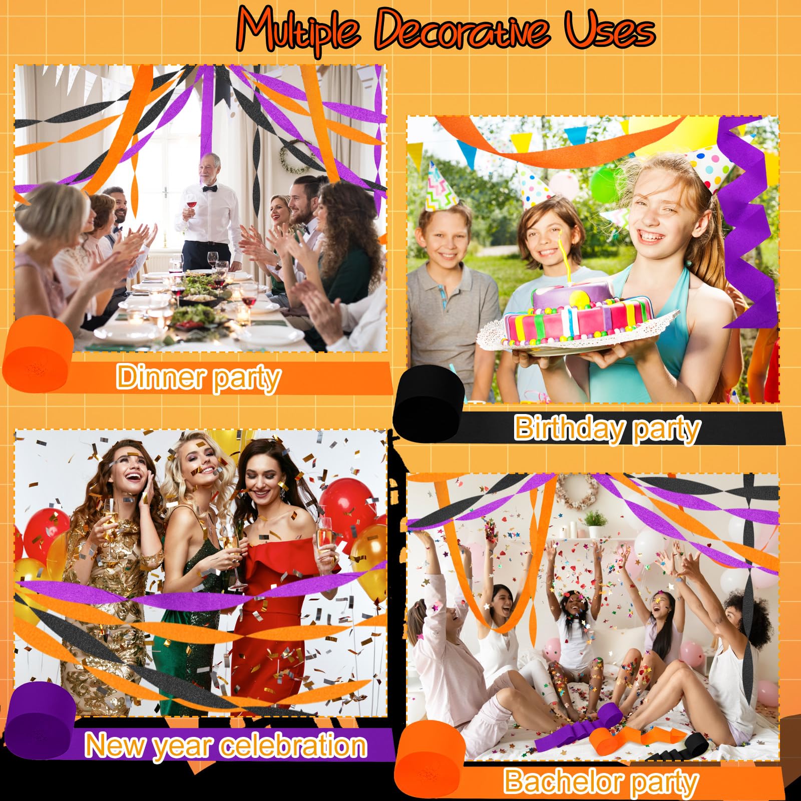 Sherr 24 rollos de serpentinas de papel crepé para colgar, decoración de fiestas, festividades para decoraciones artísticas, decoraciones de cumpleaños, decoraciones de boda (morado, naranja, negro,