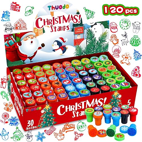 120 sellos surtidos de Navidad para niños, 25 diseños surtidos de sellos de tinta propia, regalos de fiesta de truco o trato, sellos, rellenos de