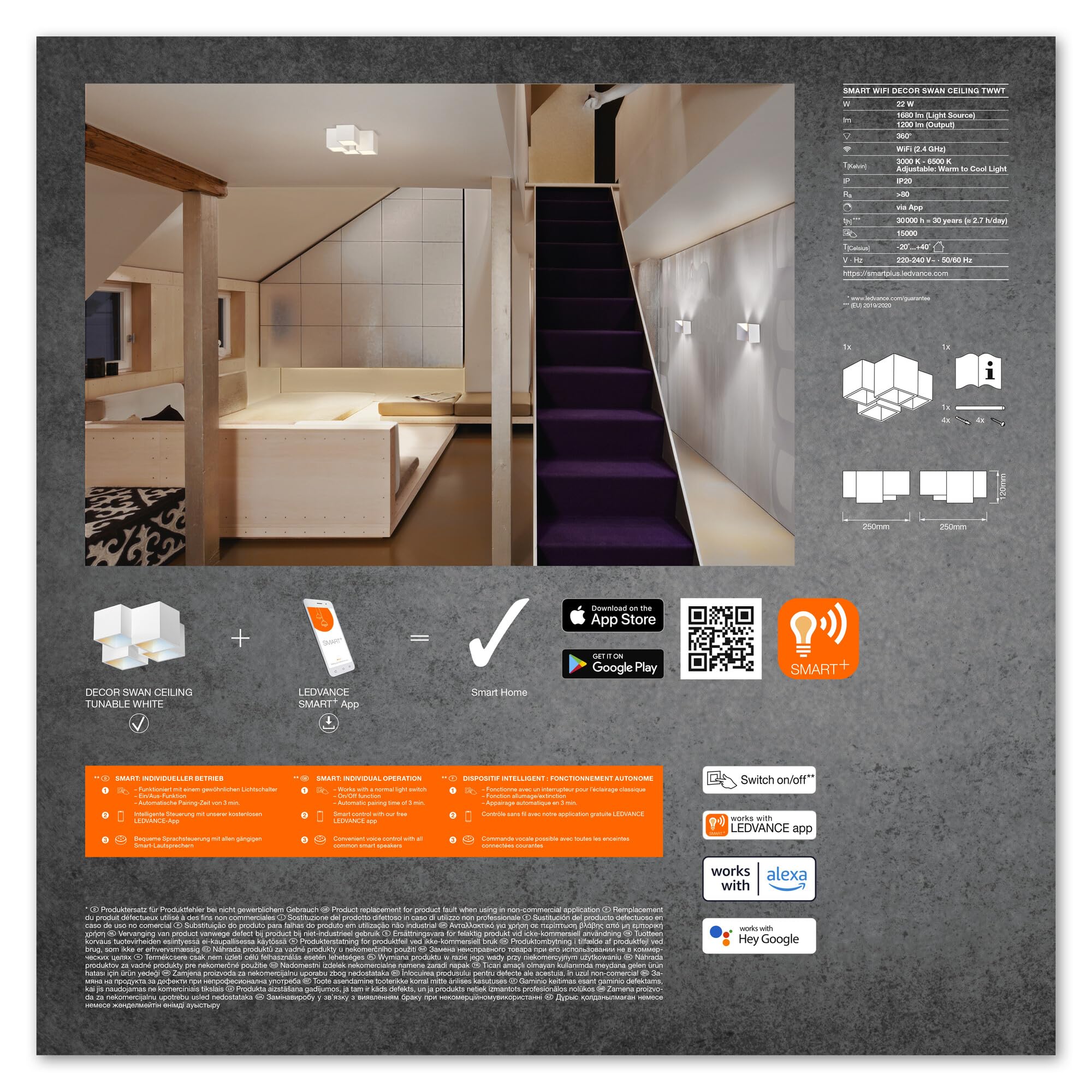 LEDVANCE SMART+ DECOR Swan plafoniera WiFi, bianca, 22W, 1680lm, luce bianca regolabile 3000-6500K, DIM, luce verso l'alto e il basso, controllabile tramite app, compatibile con Amazon, Google