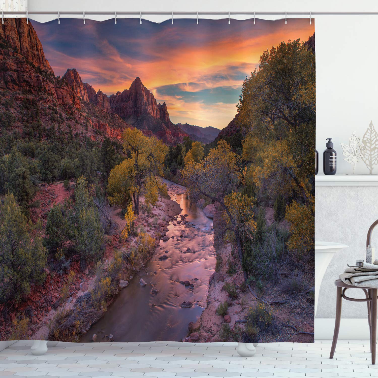 LunarableZion National Park Shower Curtain, Picturesque Scenery of Watchman Mountain and Virgin River at Sunset, Cloth Fabric Bathroom Decor Set with Hooks, 70" Long, Multicolor
