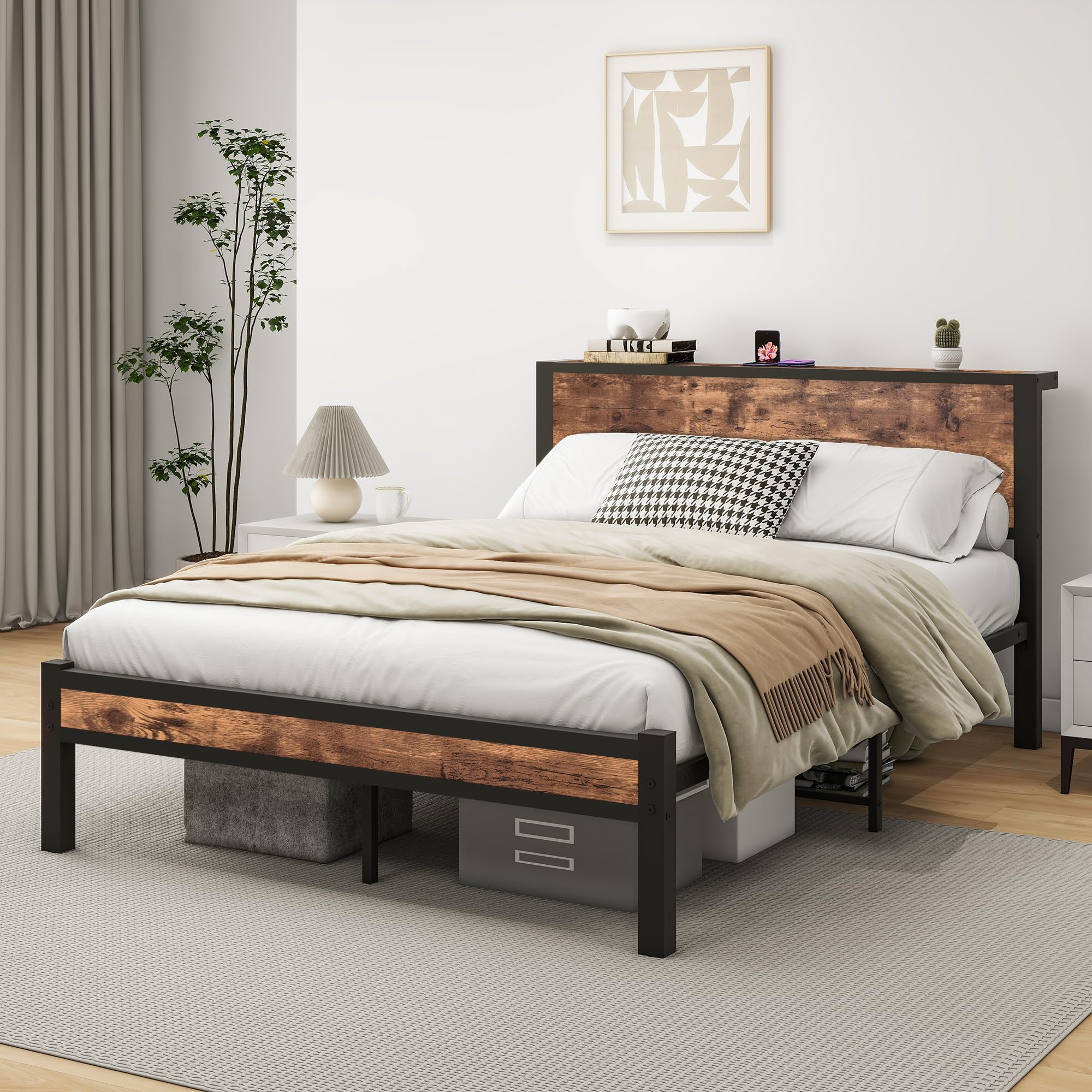 HOMERECOMMEND Rama łóżka 140 x 200, łóżko podwójne 140 x 200 cm, stelaż z metalu, łóżko dla gości do małych pomieszczeń, kolor czarny i brązowy