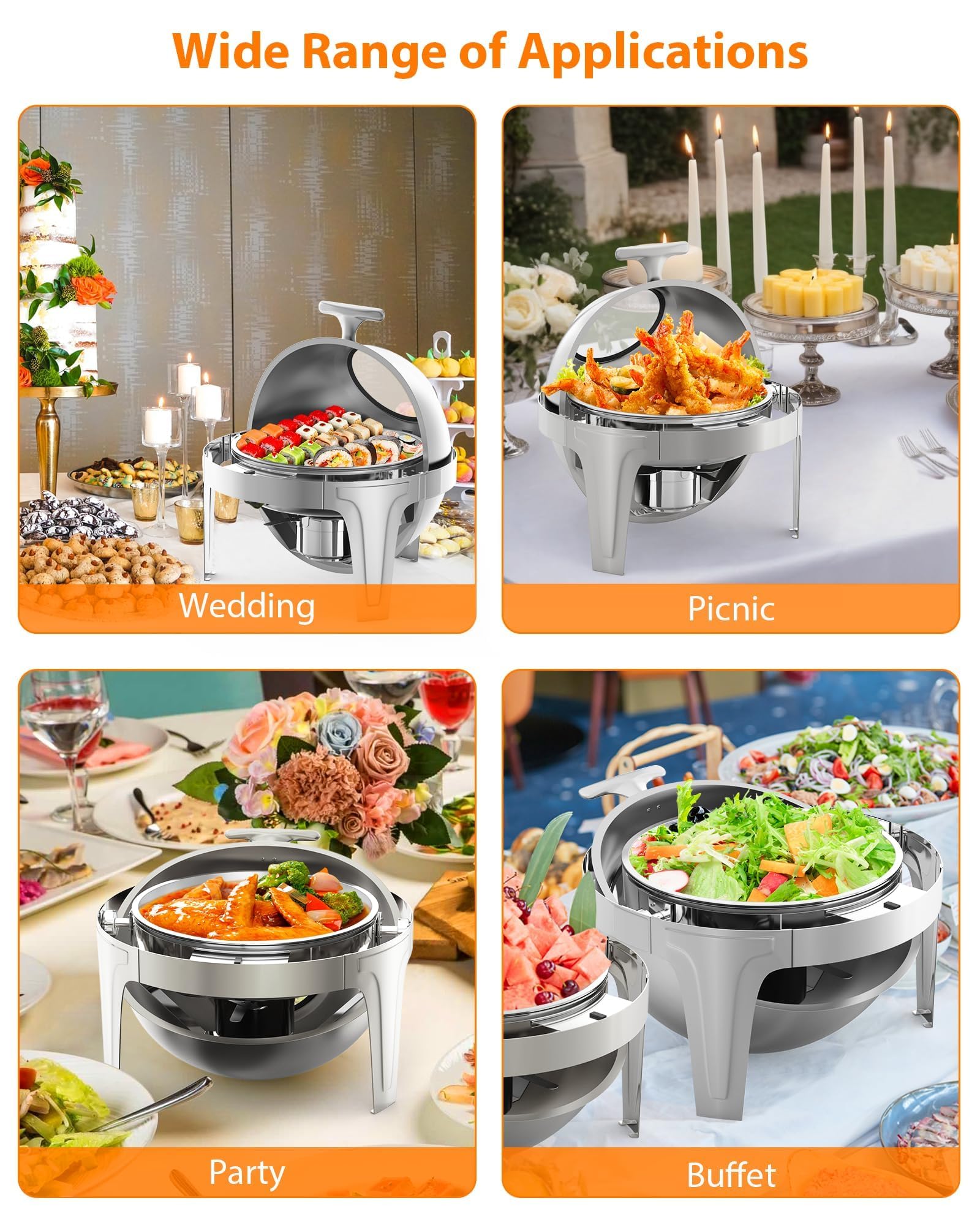 Chafing Dish Redondo 6L, Calentador de Comida con Tapa Enrollable y Ventana de Vidrio, Set de Catering Acero Inoxidable para Buffet y Banquetes, Soporte Combustible, Plateado