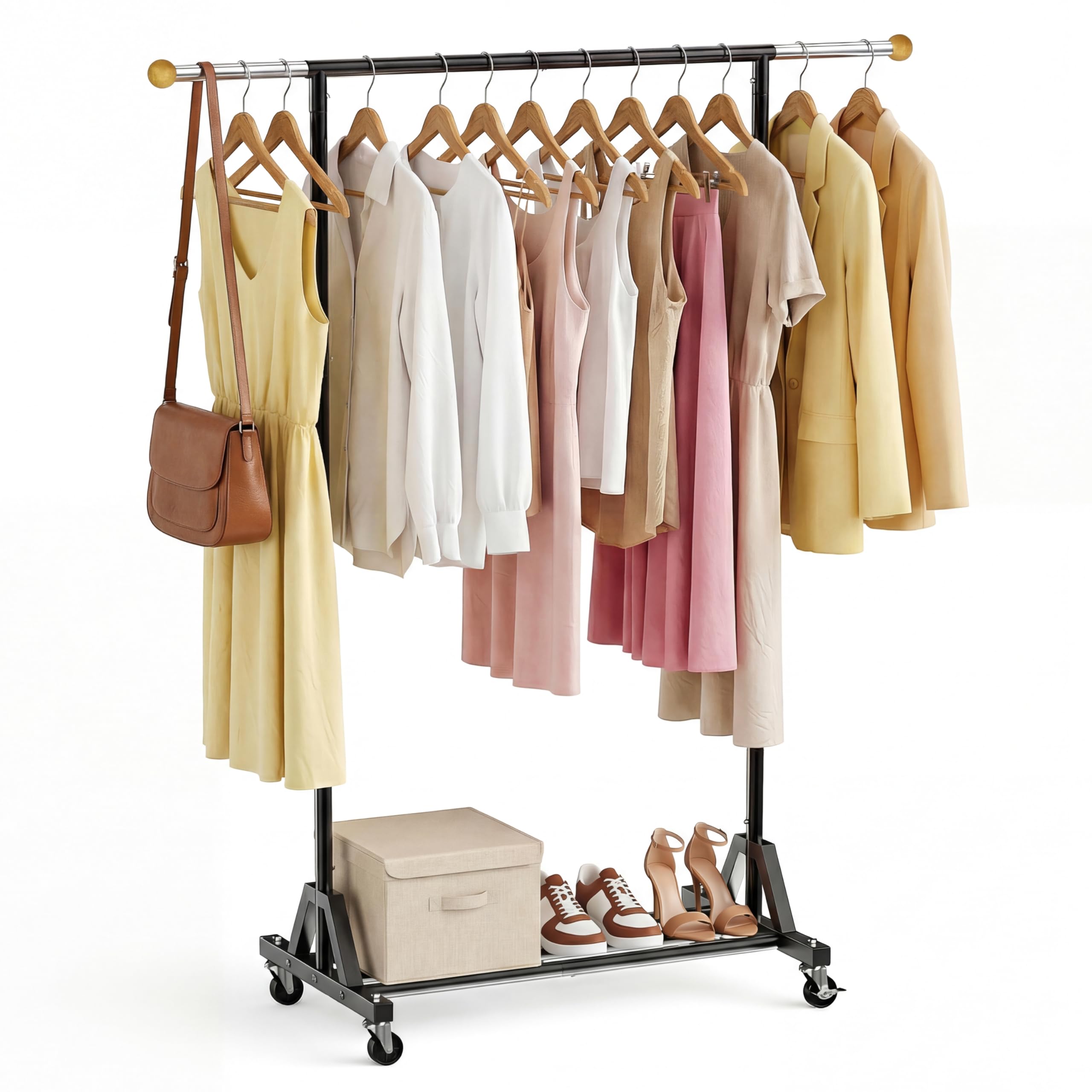 Rolling Garment Rack - Retractable Clothes Rack with Hanging Rods, Lockable Wheels and Bottom Storage Shelf - Sturdy Coat Rack, Freestanding Clothing Organizer for Bedroom, Laundry &amp; Closet