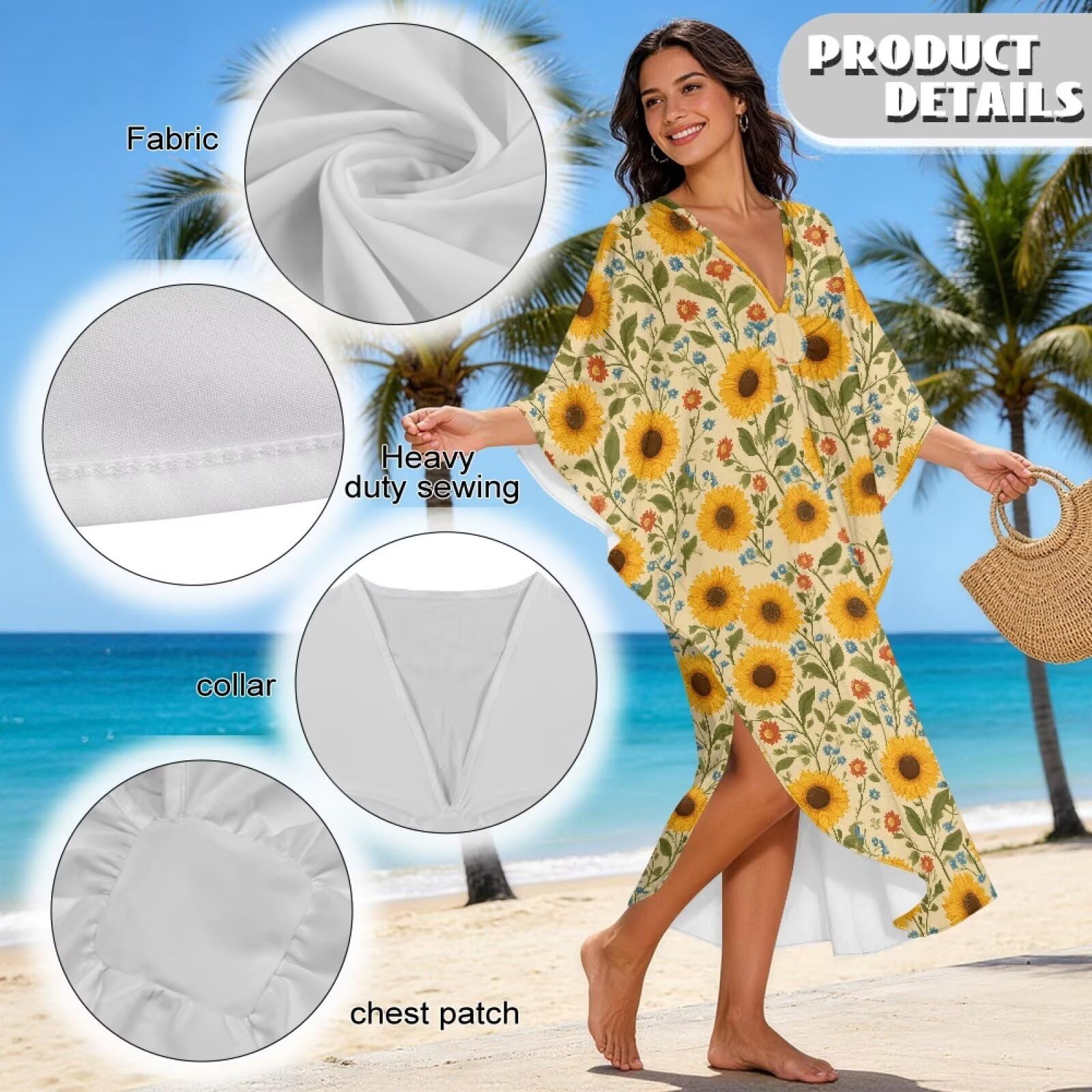 Xoenoiee Damskie sukienki kaftanowe kaftan plus size rękaw nietoperz strój kąpielowy okrycie dekolt w serek letnia sukienka plażowa